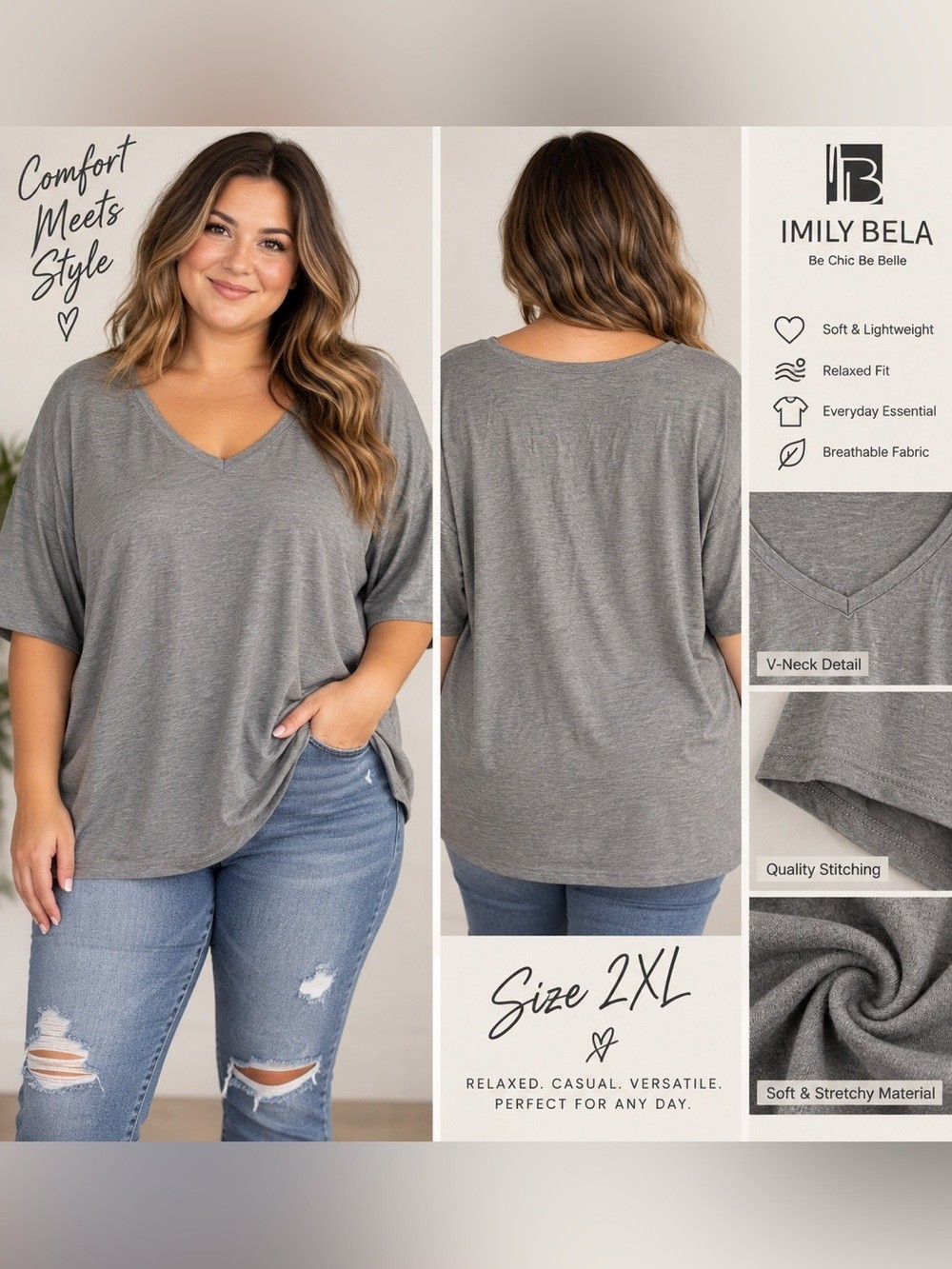 Cotton-Blend V-Neck Relaxed Tee - Gray, 2XL