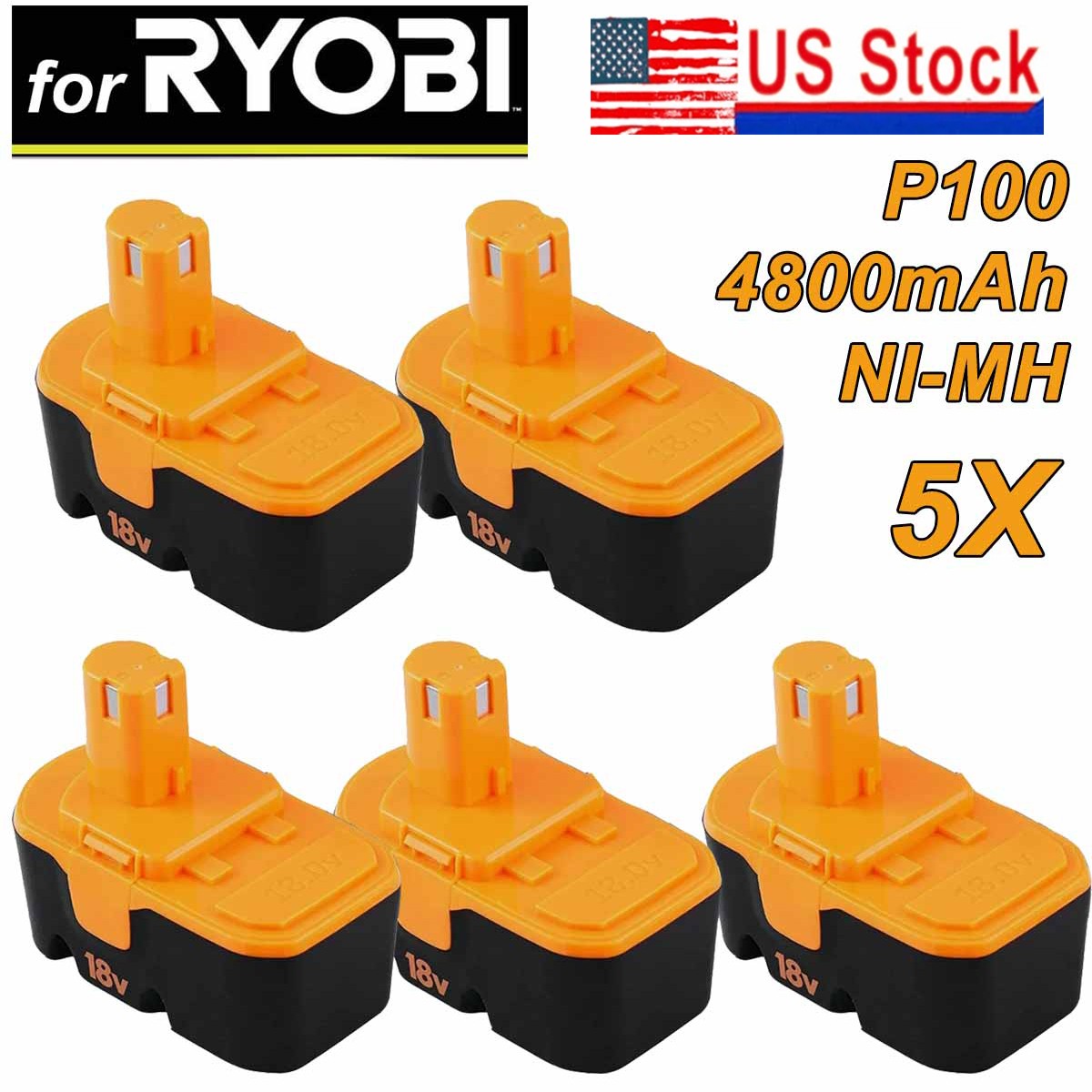 5PACK 18V Ni-MH Battery PLUS P100 P101 BPP-1815 BPP-1820 ABP1803 4.8Ah For RYOBI