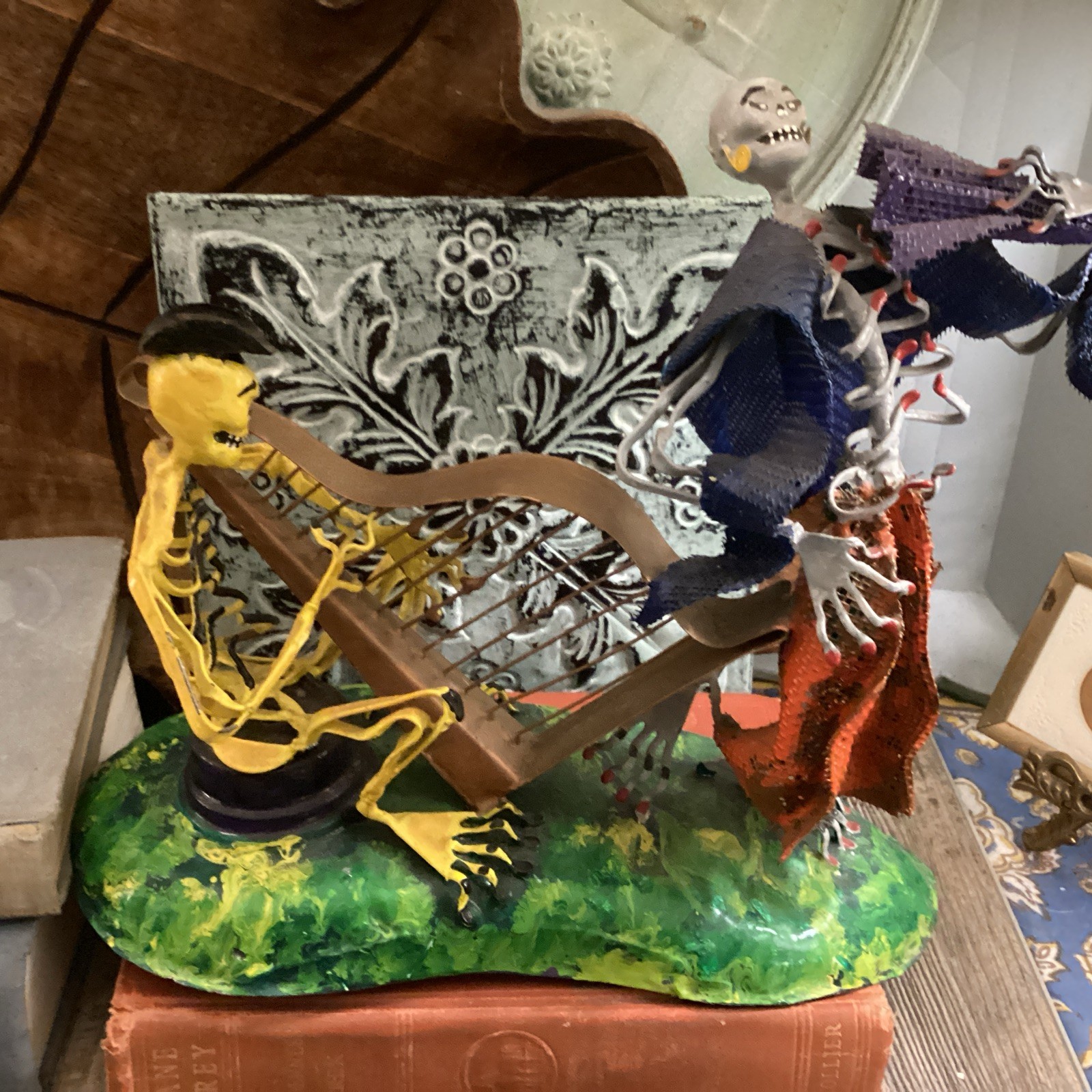 Signed Oscar H.M. Mexican Folk Art Skeleton Harpist Sculpture Hernández Miranda