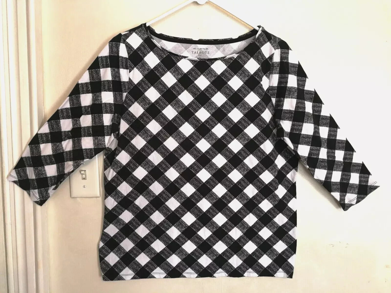 Talbots Tee Womens Blouse X Plus Black White Check Shirt Top 3/4 Sleeve Office Talbots Tee Womens Blouse X Plus Black White Check Shirt Top 3/4 Sleeve Office