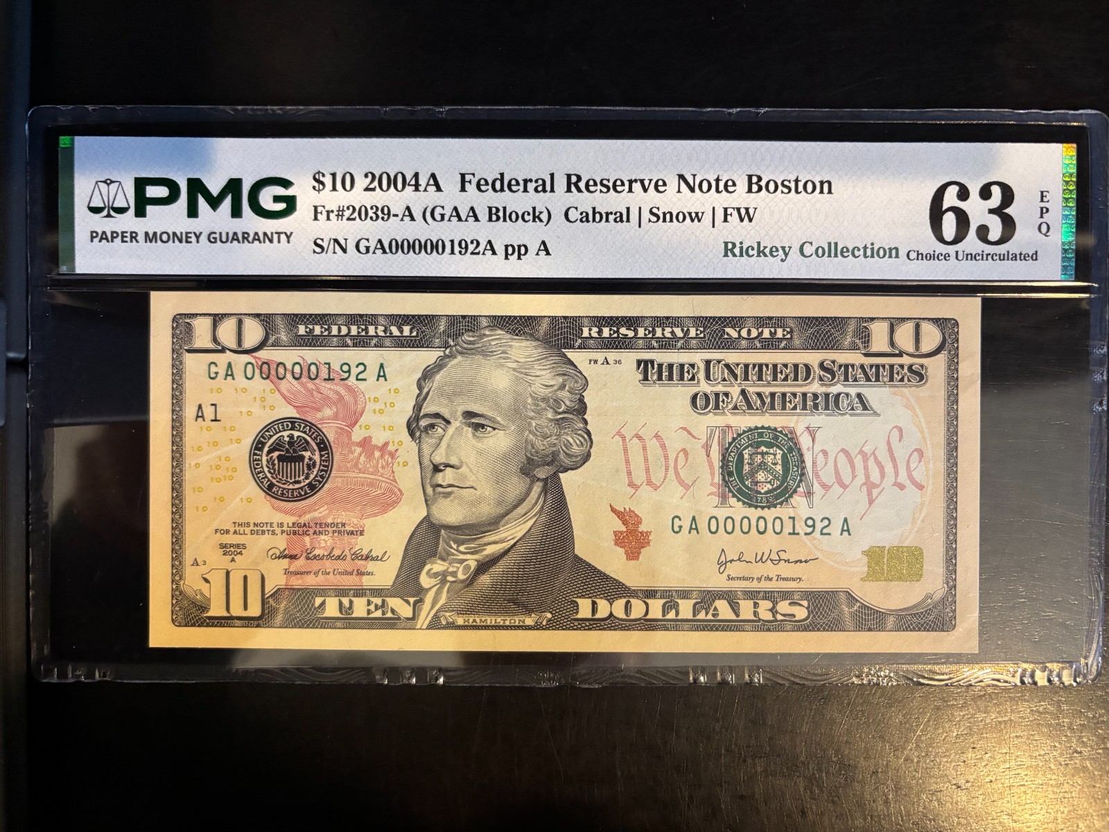 DBR 2004-A $10 FRN Boston Fr. 2039-A PMG 63 EPQ Low Serial GA00000192A