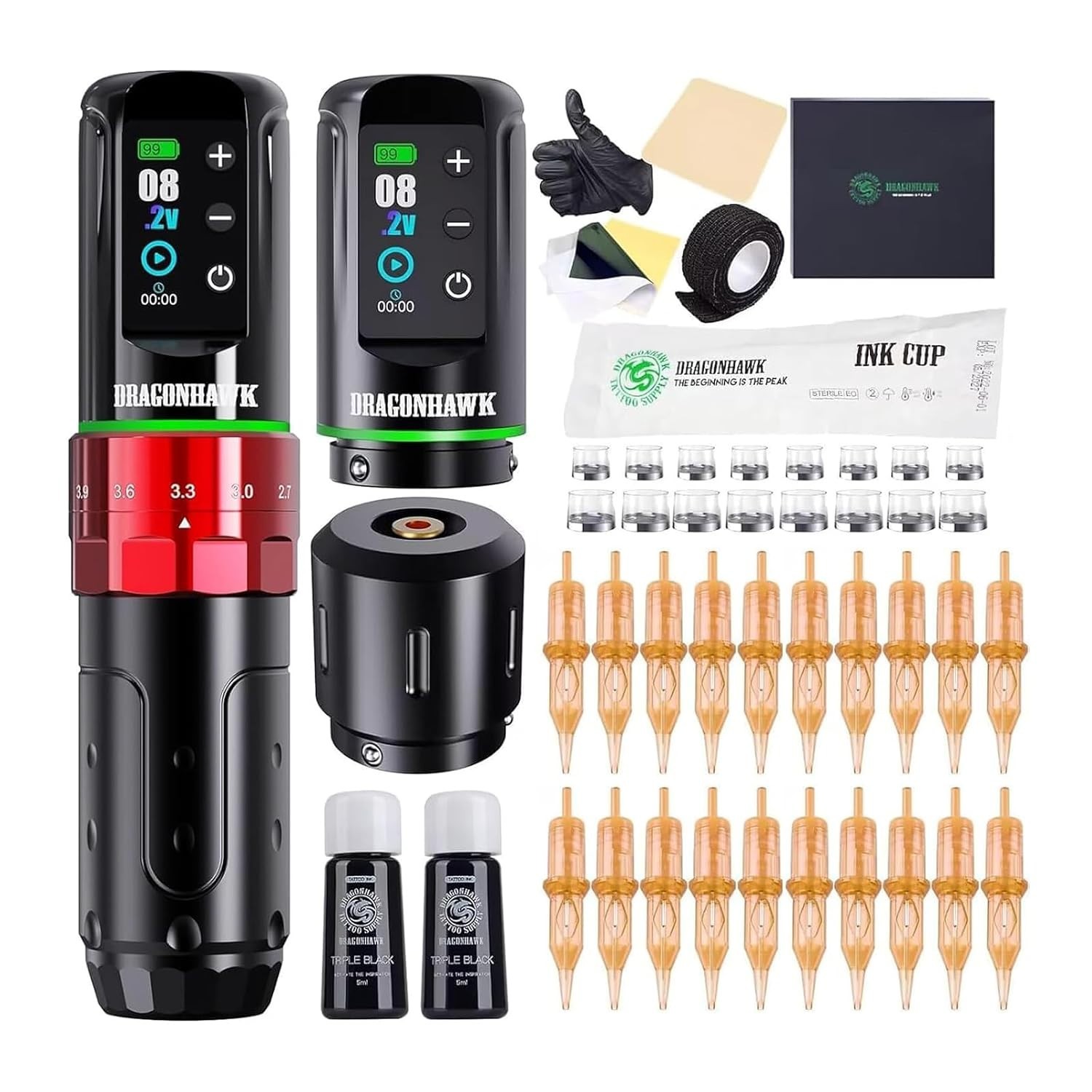 Dragonhawk L3 Red Wireless Tattoo Kit Complete Set with Dual 2000mAh Batteries