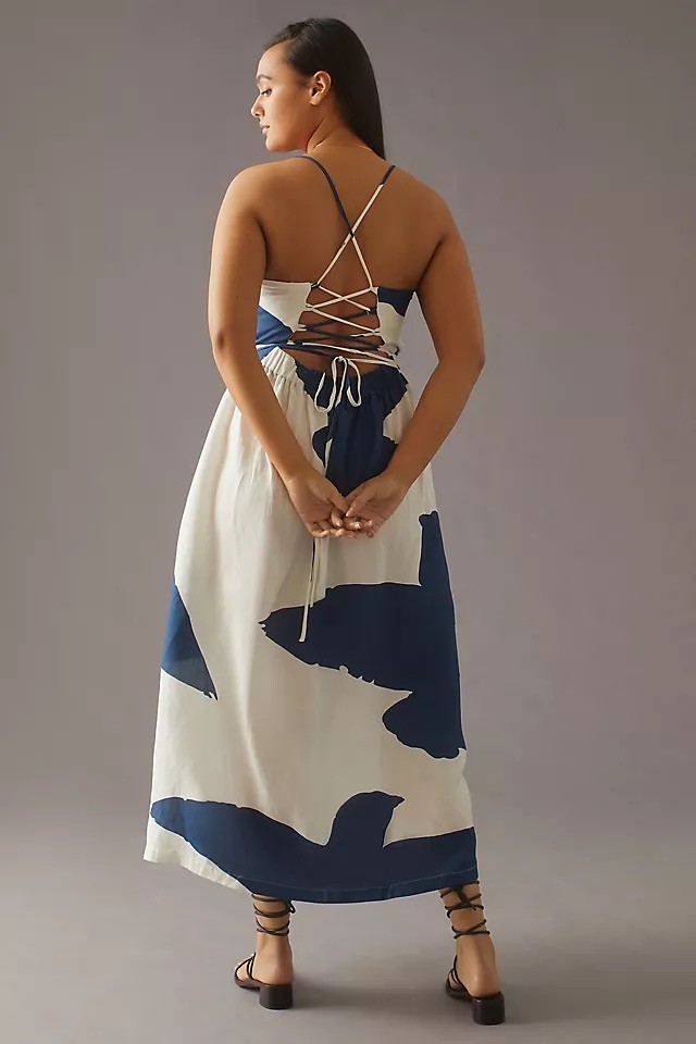 Anthropologie The Odell’s Navy & White Abstract  Linen Maxi Dress XS