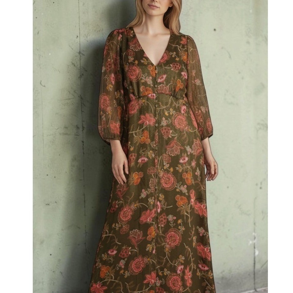 Talbots Womens 4 NWT Boho Whimsical Prairie Floral Multi Gold Thread Long Dress