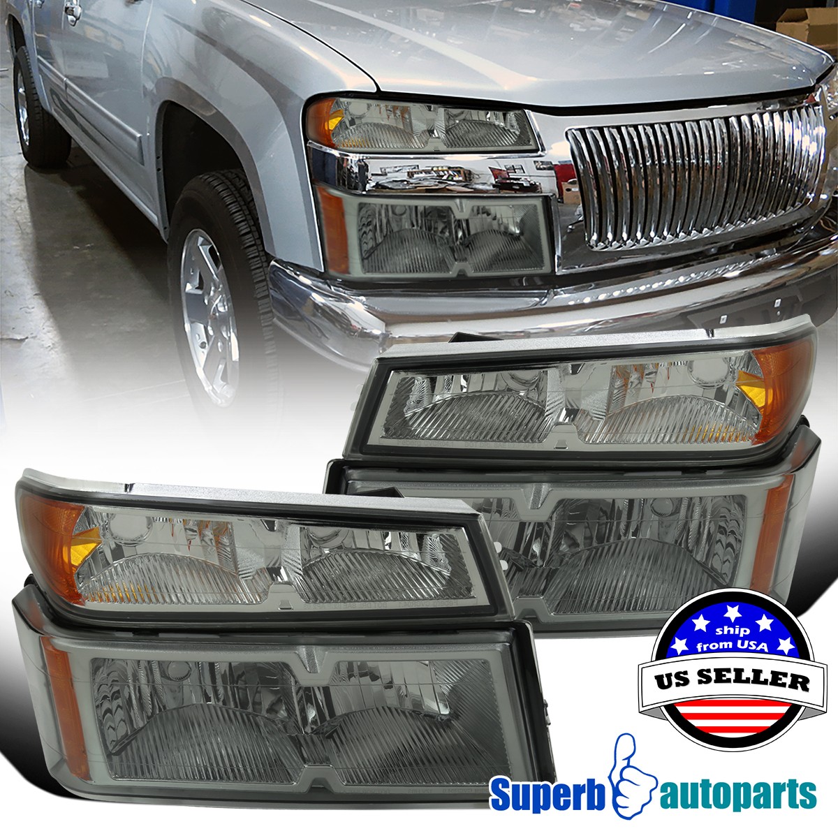 For 2004-2012 Chevy Colorado GMC Canyon Light Smoke Headlight+Corner Bumper Lamp