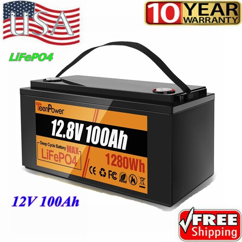 LiFePO4 Lithium Battery 12V 100AH Rechargeable BMS for Solar Panel RV Camping