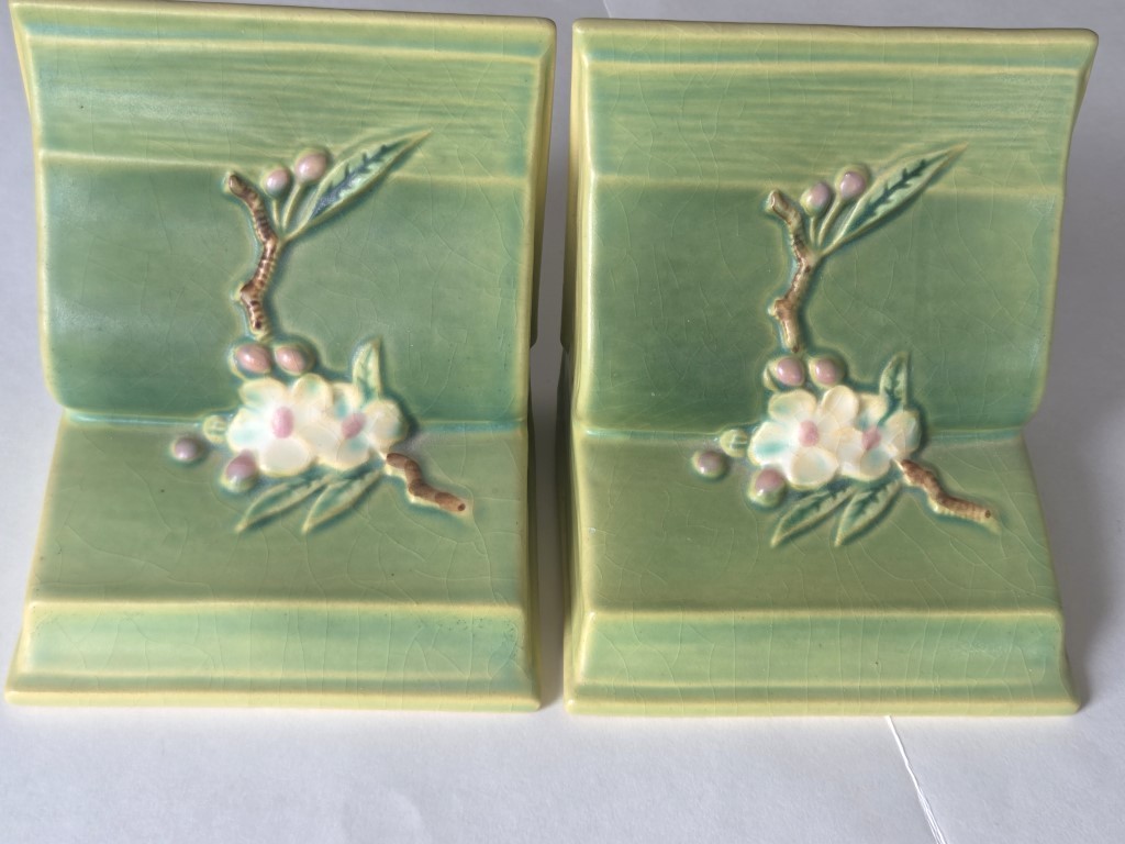 Beautiful, 1940's Roseville Original Book Ends, A Raised Spray of Apple Blossom