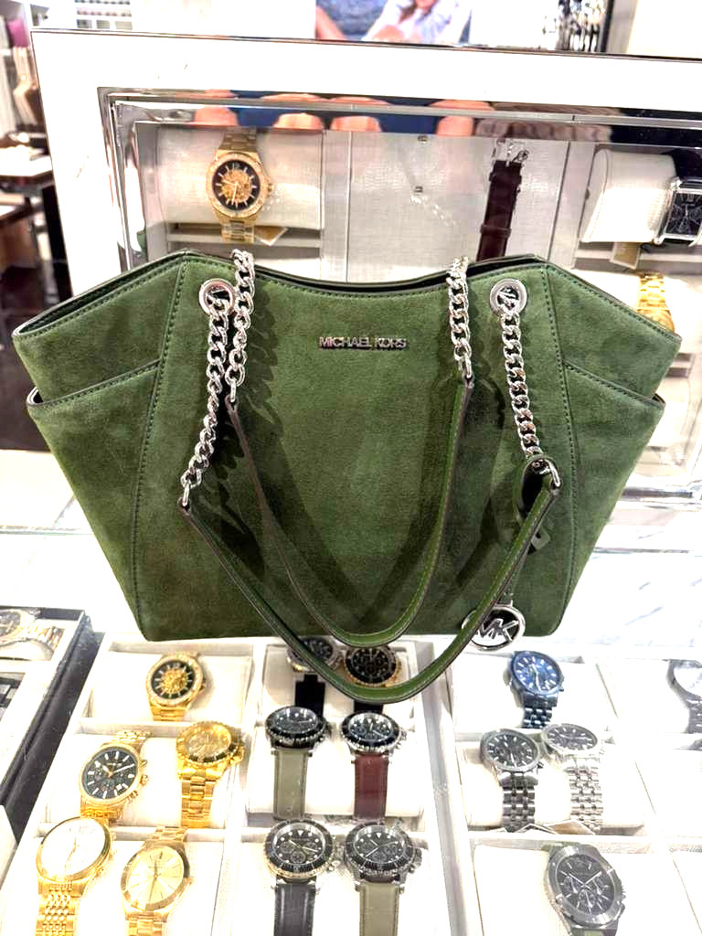 Michael Kors Large Bonded Leather Chain Tote Bag Handbag Purse MK Amazon Green Michael Kors Large Bonded Leather Chain Tote Bag Handbag Purse MK Amazon Green