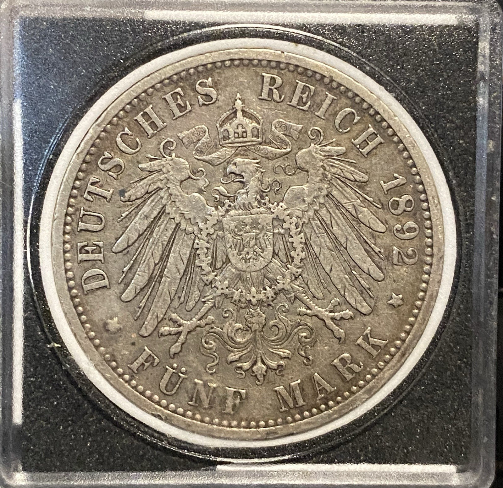 *VERY RARE 224k* 1892-A VF-XF German States Prussia 5 Marks Willhelm II .900