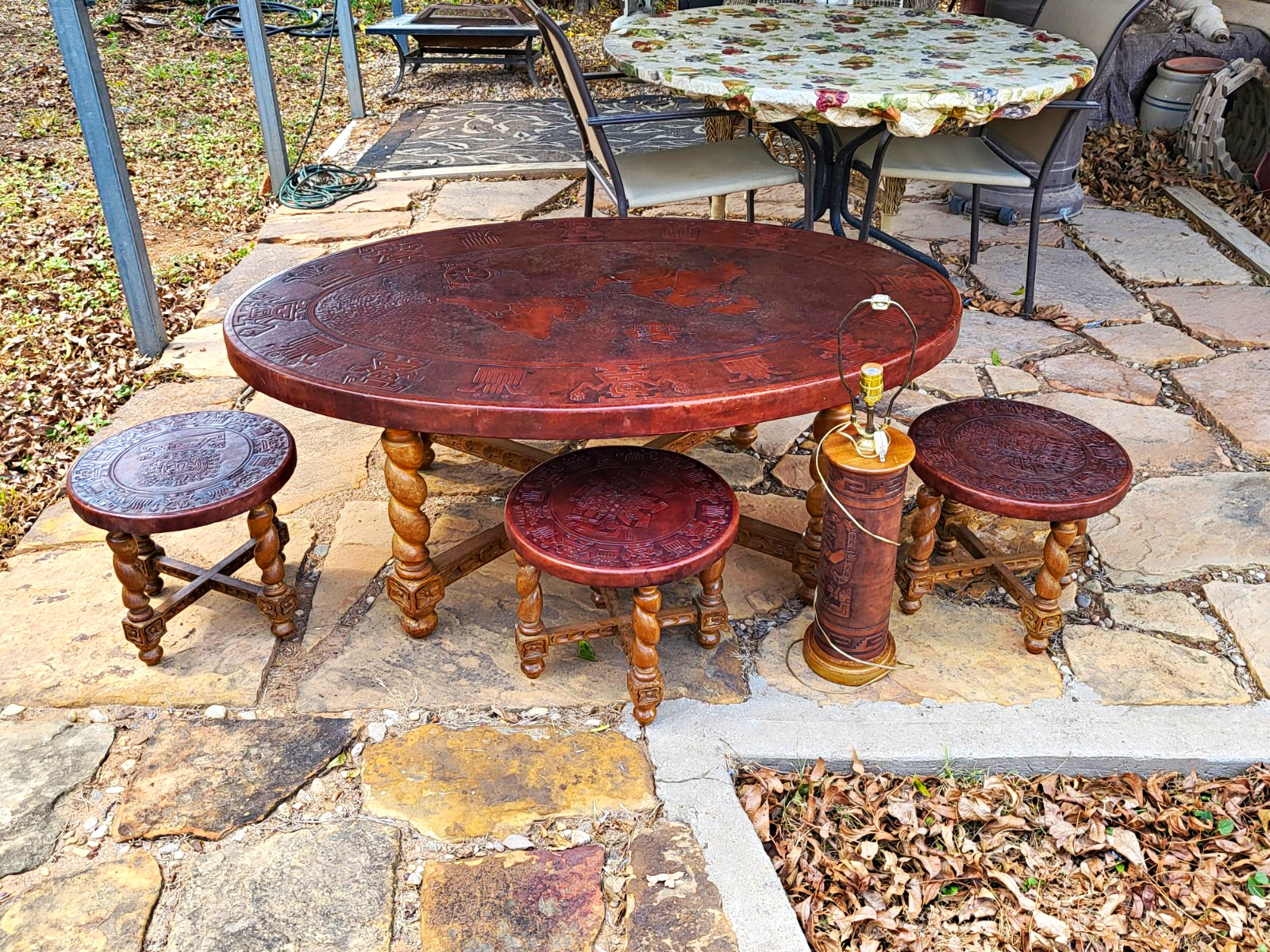 **Rare Vintage Peruvian Hand-tooled Leather/Wood Table with 3 Stools Set **Rare Vintage Peruvian Hand-tooled Leather/Wood Table with 3 Stools Set