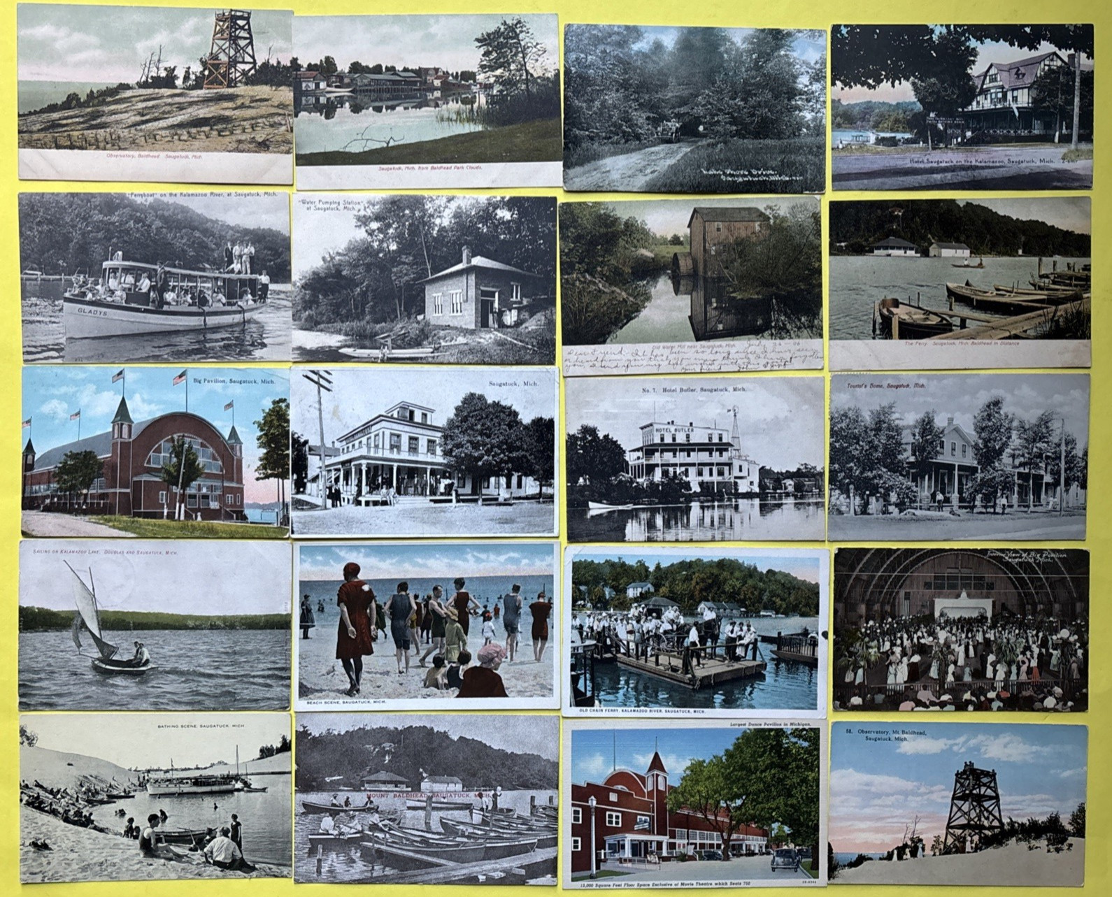 20 Saugatuck Michigan Antique/Vint. Printed Postcard Lot, Hotels, Beach, Ferry