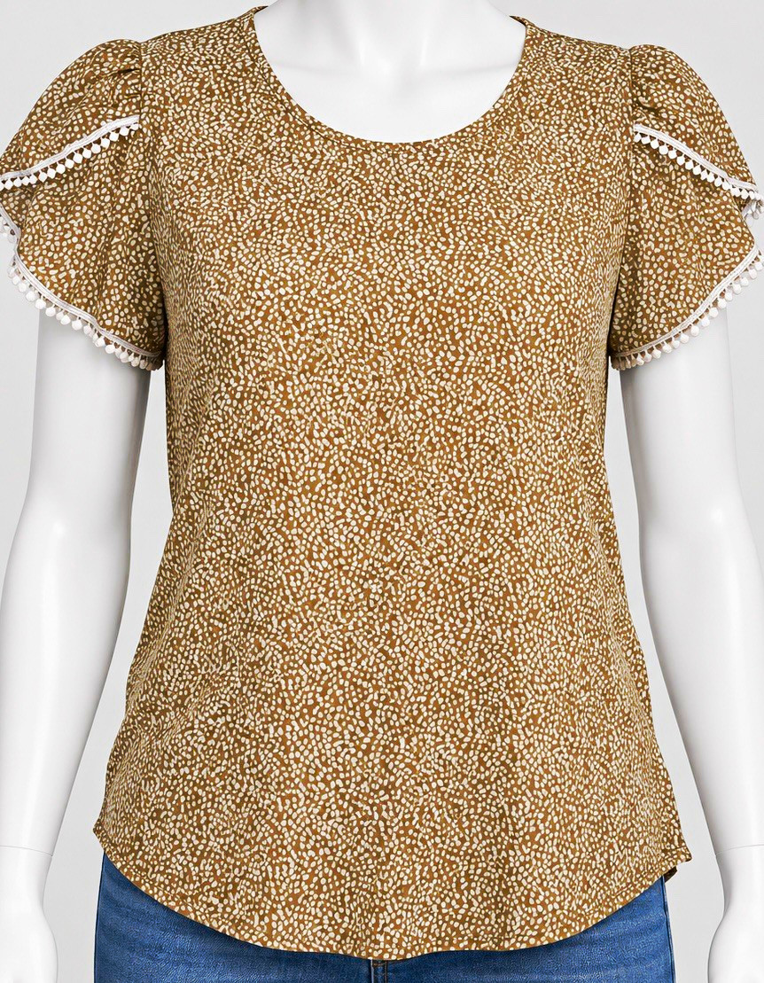 SHEIN Women’s Beige/White print Woven Round Neck Pom-Pom Blouse Large SHEIN Women’s Beige/White print Woven Round Neck Pom-Pom Blouse Large