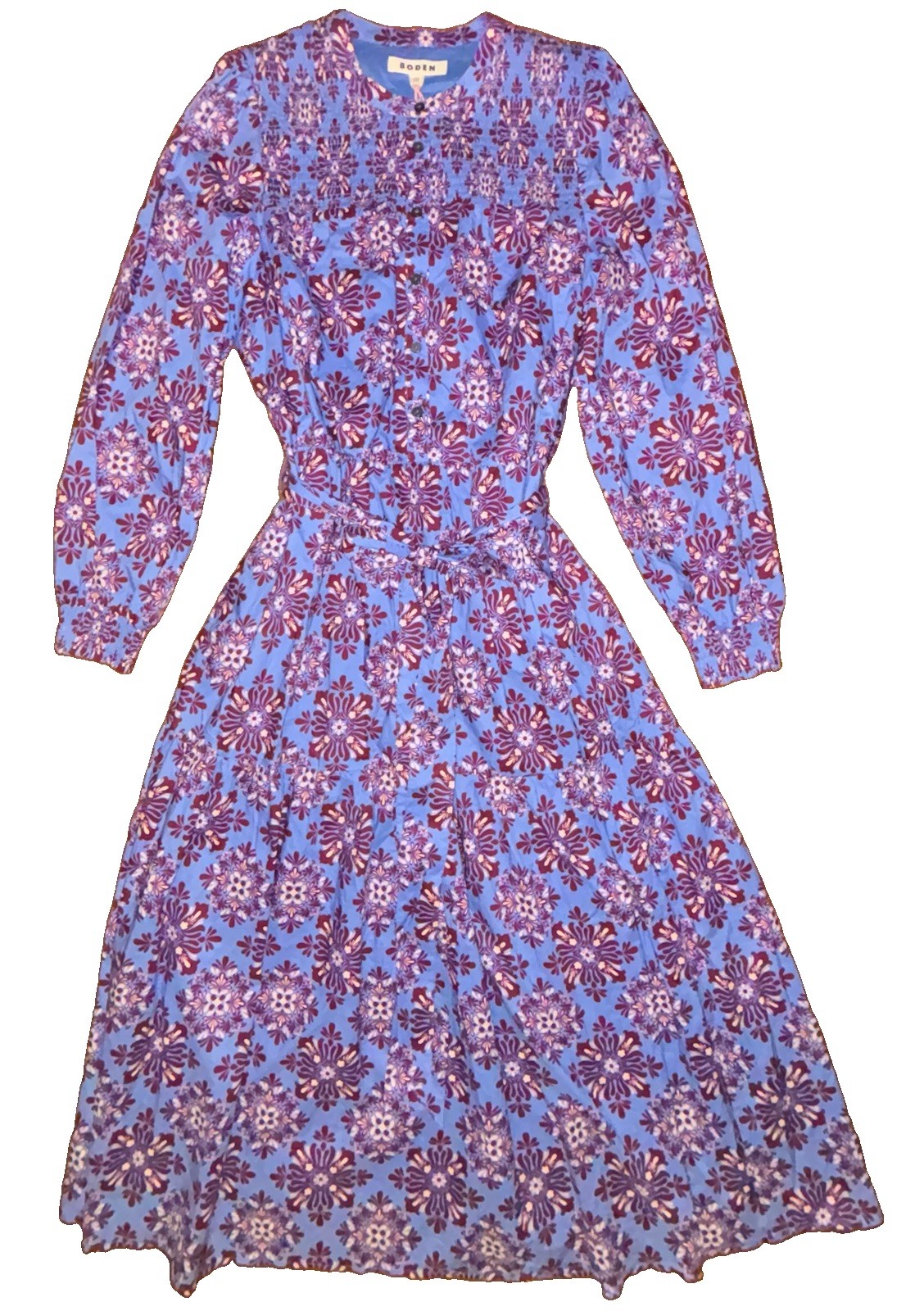 NWT Boden Cecily 100% Cotton Midi Dress Blue Purple Floral Smocked Belted 14R NWT Boden Cecily 100% Cotton Midi Dress Blue Purple Floral Smocked Belted 14R