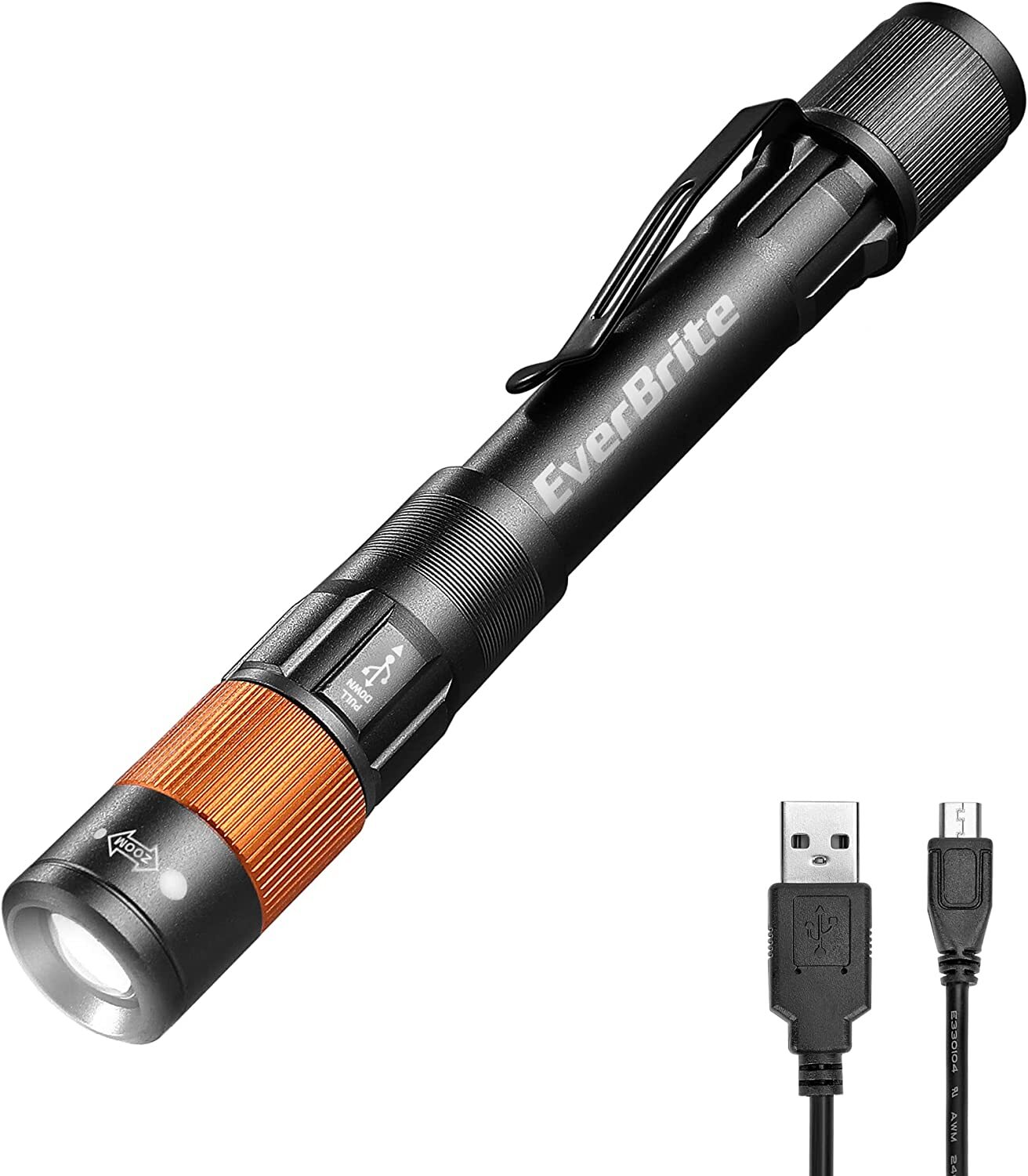 EverBrite Black/Gray Rechargeable Pen Light Zoomable Water Resistant Aluminum US