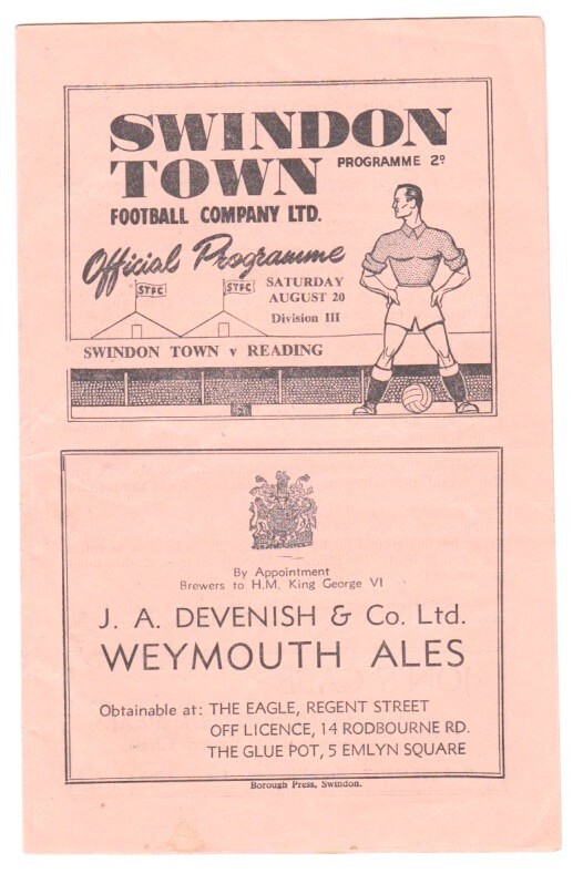 1949/50 Swindon Town v Reading League 3 South 20/8/49 Very good condition 1949/50 Swindon Town v Reading League 3 South 20/8/49 Very good condition