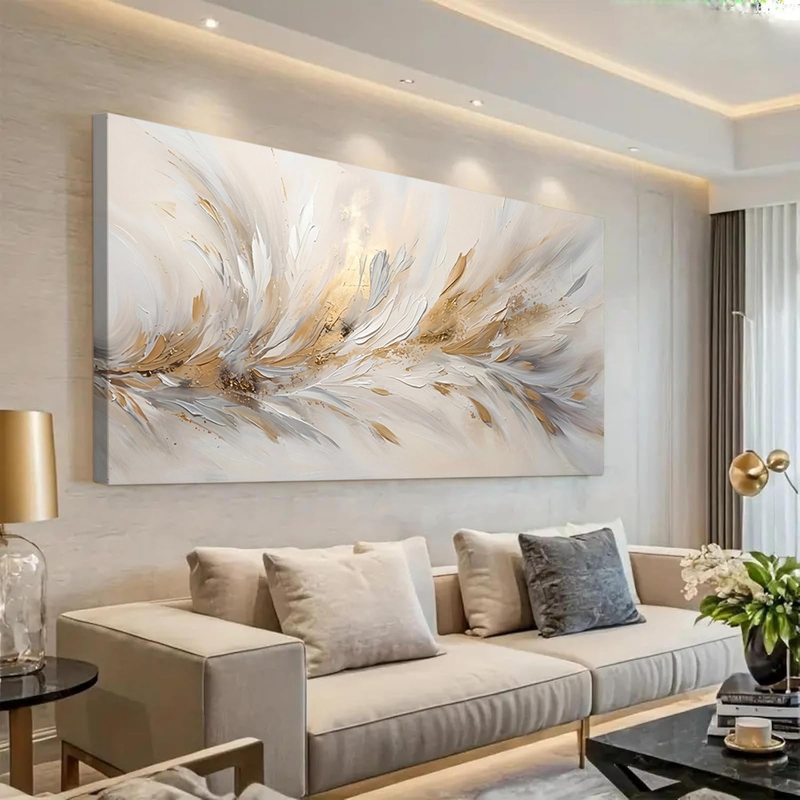 ONEOLTN 3D Textures Large Abstract Wall Art Modern Elegant Golden Feather for...
