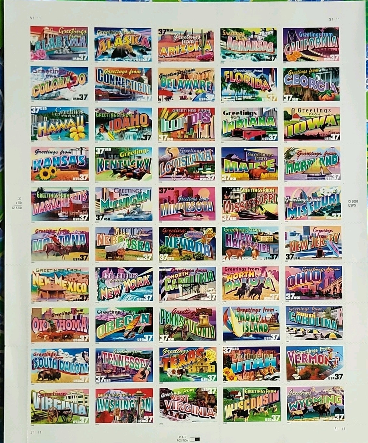 USPS Greetings From U.S. States 37 Cent USA Stamp Sheet Uncertified 2002
