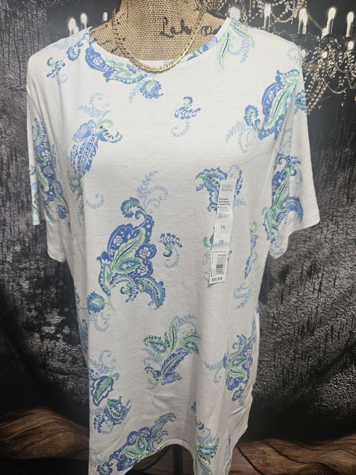 CROFT & BARROW, WOMEN\'S NEW BLUE/AQUA COTTON SHORT SLEEVED PAISLEY TEE, SIZE 1X