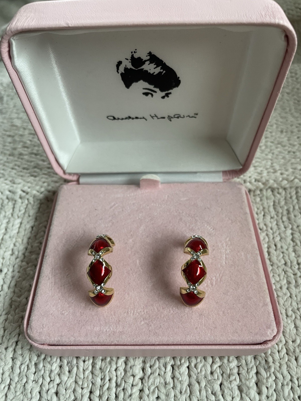 Camrose & Kross Audrey Hepburn  Red Enamel Gold Tone 1/2 Hoop Earrings 