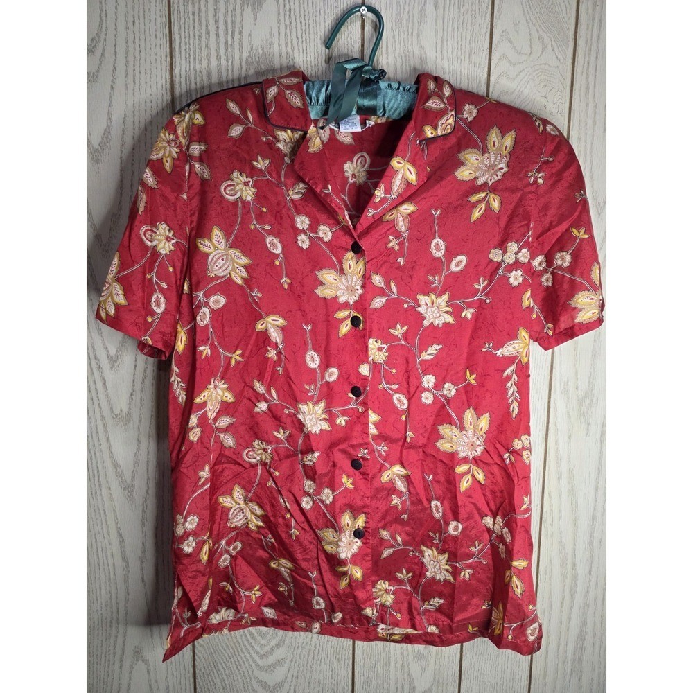 Vintage Anna and Frank 100% Silk 2pc Skirt Blouse Set Red Floral Whimsigoth M