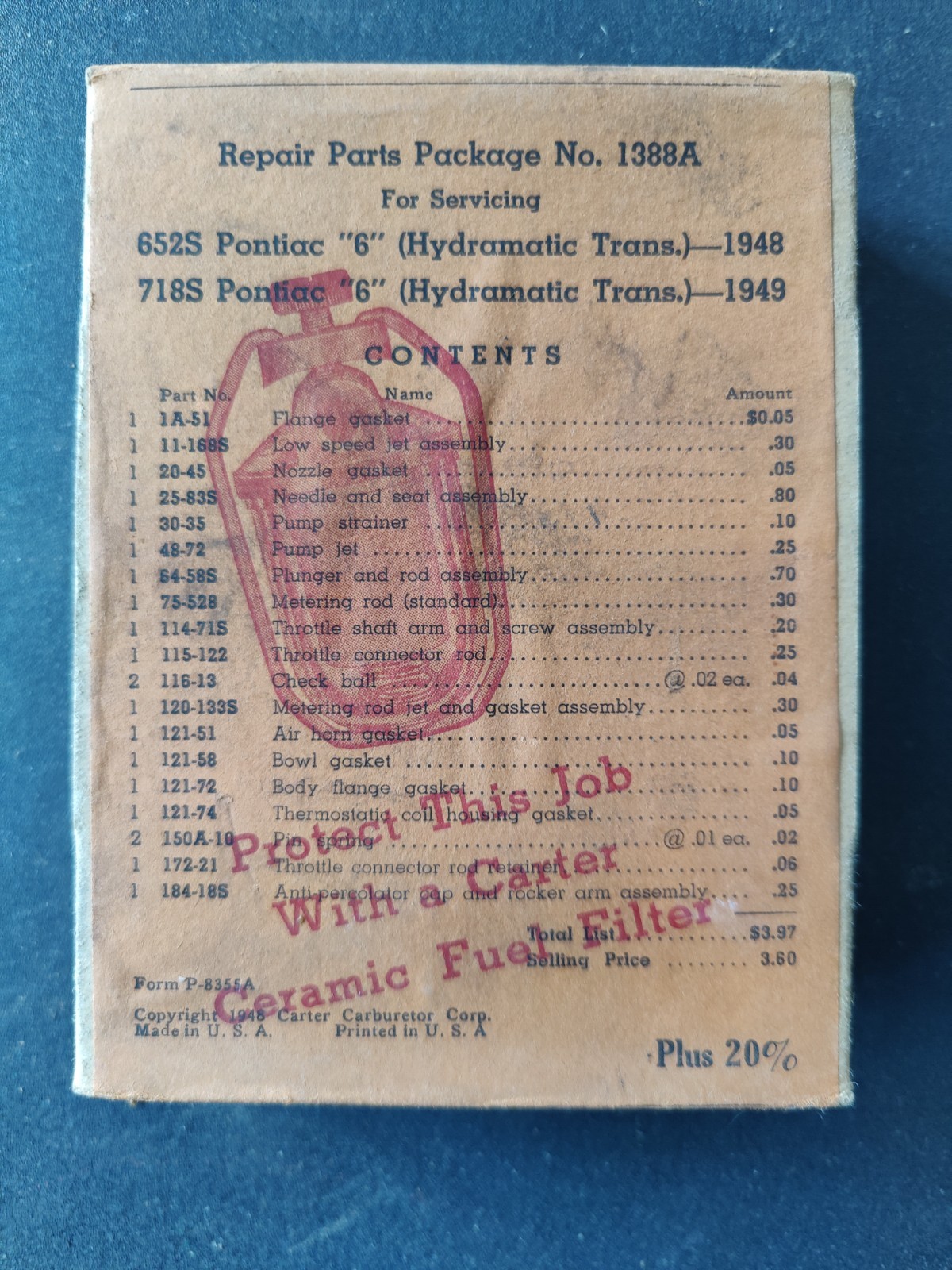 NOS Carter 1388A 1BBL 652S 718S Carburetor Repair Kit for 1948-49 Pontiac 6 NOS Carter 1388A 1BBL 652S 718S Carburetor Repair Kit for 1948-49 Pontiac 6