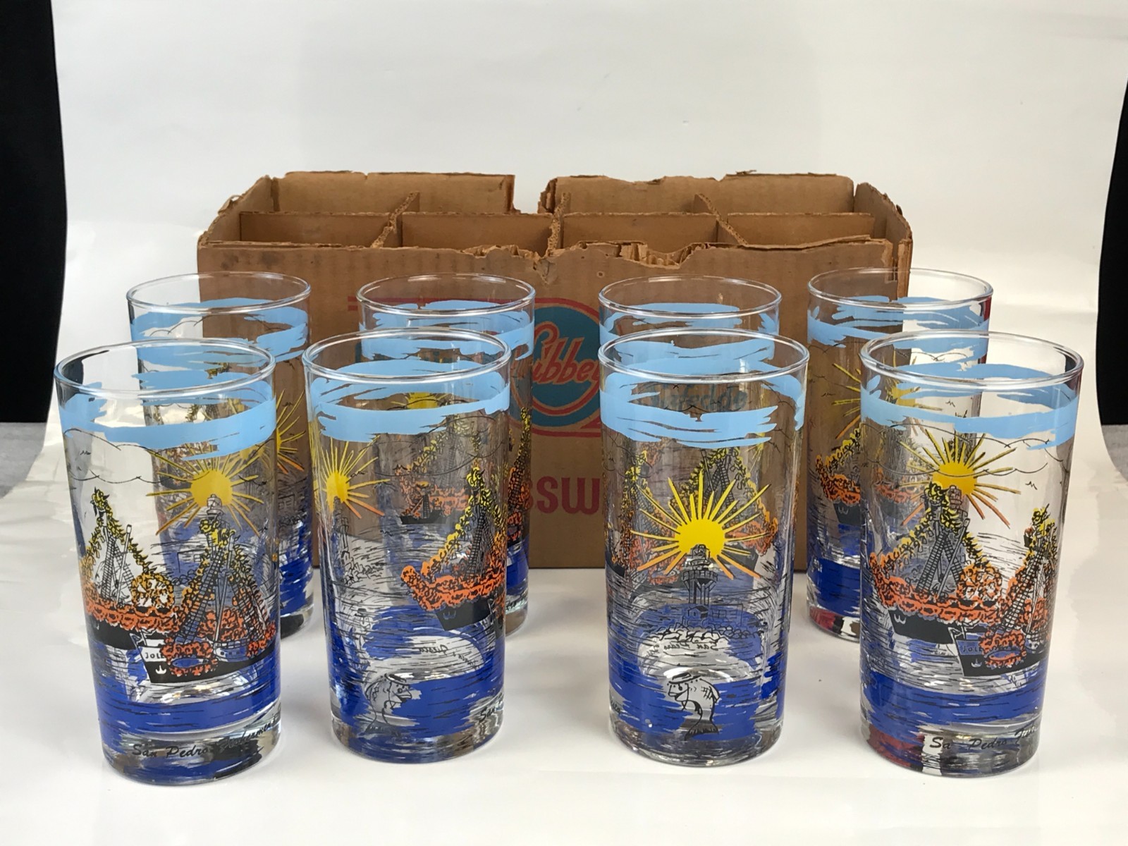 8pc Vintage Libbey SAN PEDRO FISHERMEN'S FIESTA Tumbler Glasses Unused W/ Box 8pc Vintage Libbey SAN PEDRO FISHERMEN'S FIESTA Tumbler Glasses Unused W/ Box