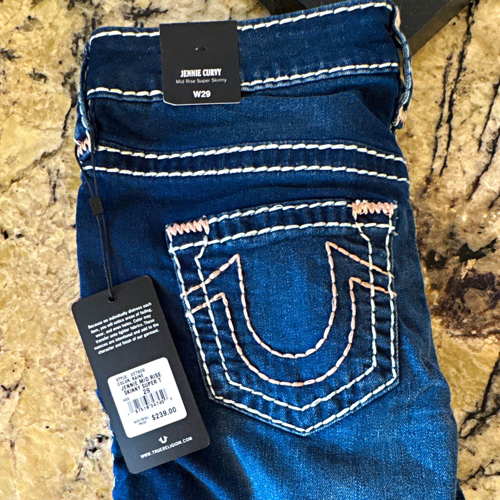 True Religion Women’s Blue Denim Mid Rise Skinny Jeans Logo 5-Pkt Size 29
