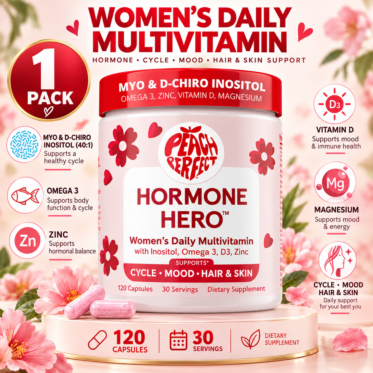Peach Perfect Inositol Multivitamin Myo D-Chiro Inositol Omega 3 1-3 Pack