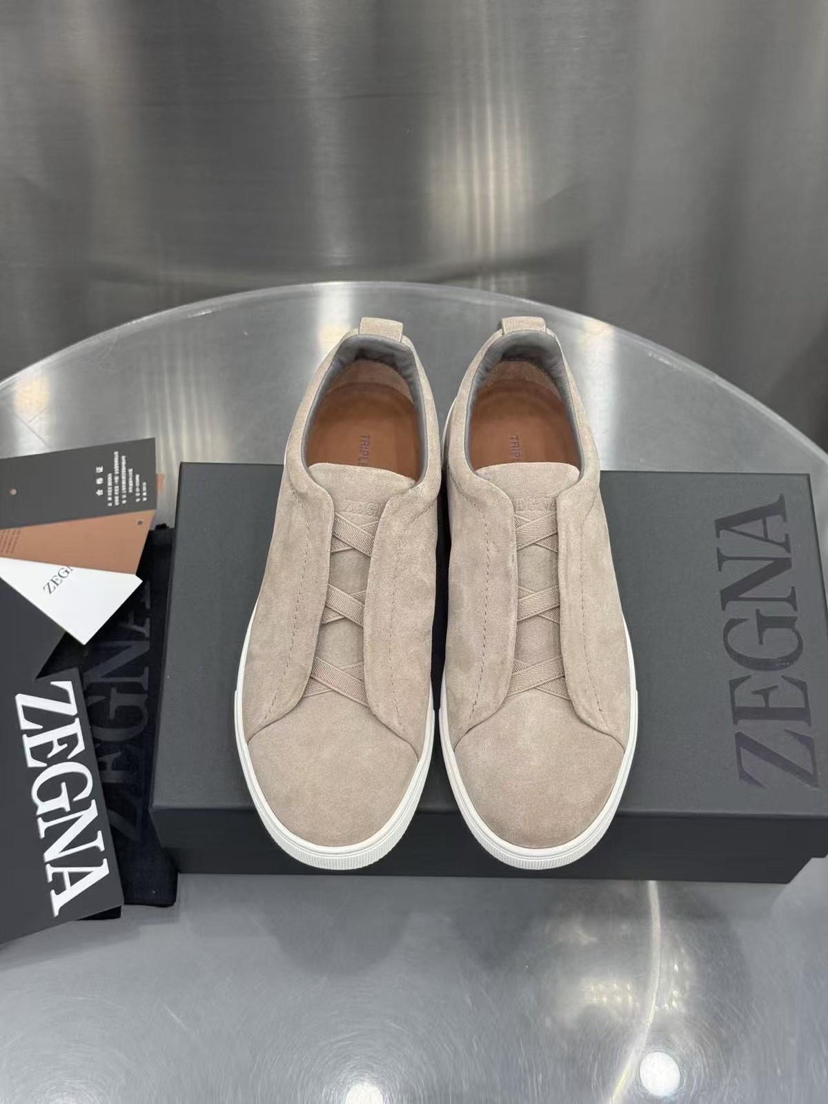 Men's Zegna Triple Stitch Low-Top Slip-On Beige Suede Casual Shoes