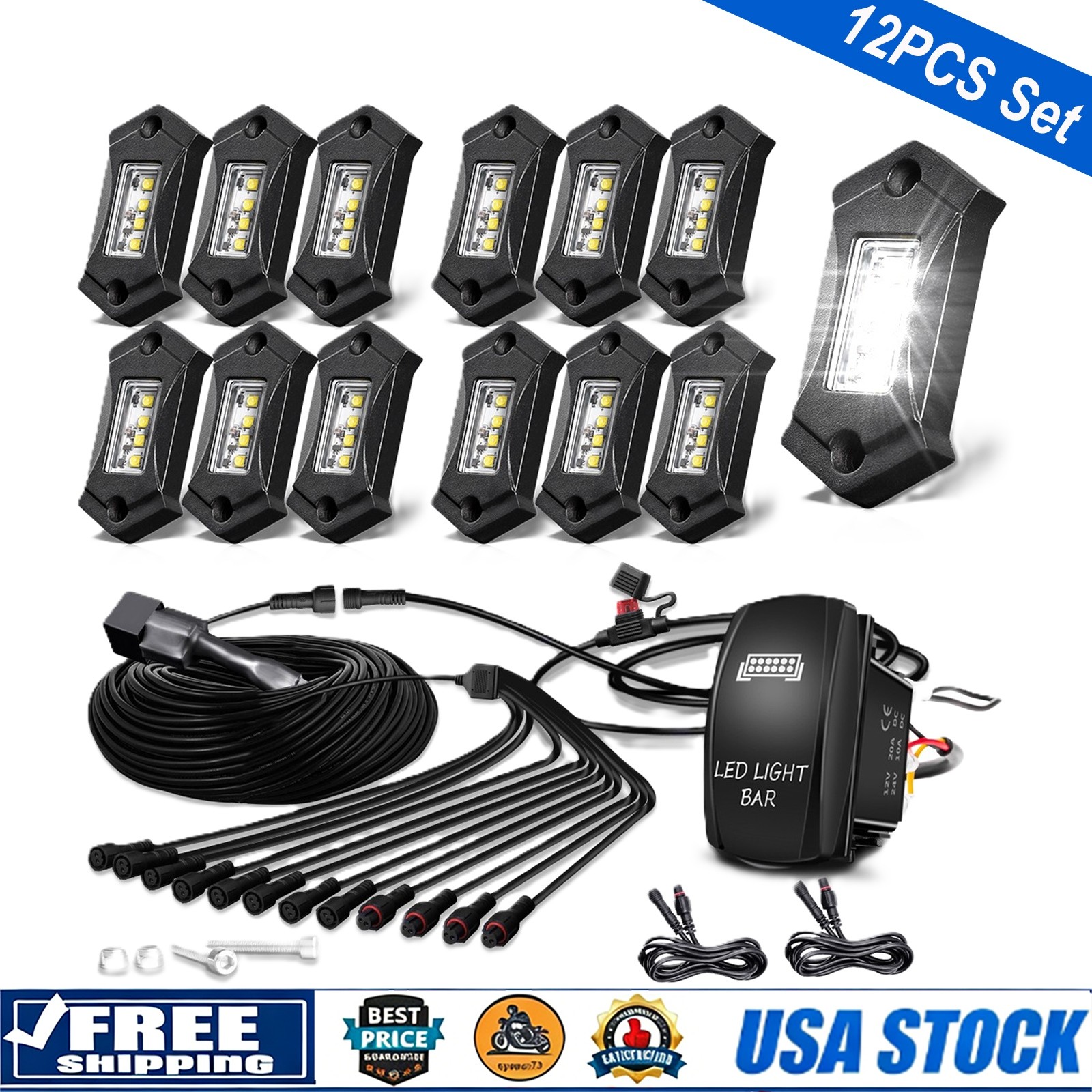 12PCS White LED Rock Lights Underglow Kit w/ Harness For Jeep Wrangler 4x4 12PCS White LED Rock Lights Underglow Kit w/ Harness For Jeep Wrangler 4x4