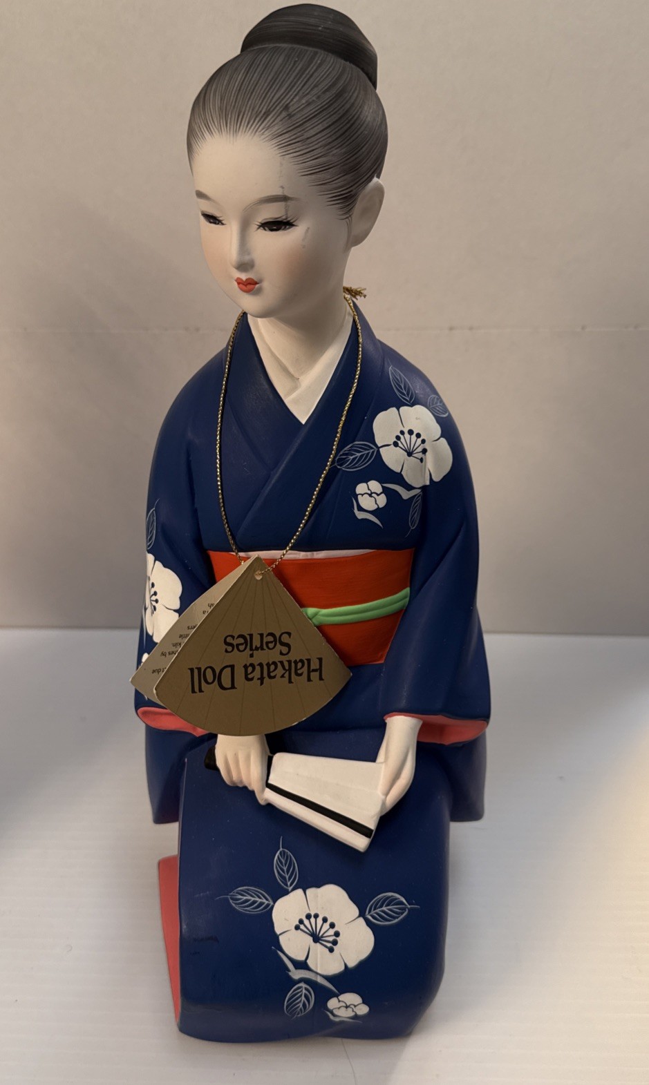 Beautiful Hand-painted Japanese Hakata Doll Kneeling in Blue and Orange Kimono Beautiful Hand-painted Japanese Hakata Doll Kneeling in Blue and Orange Kimono