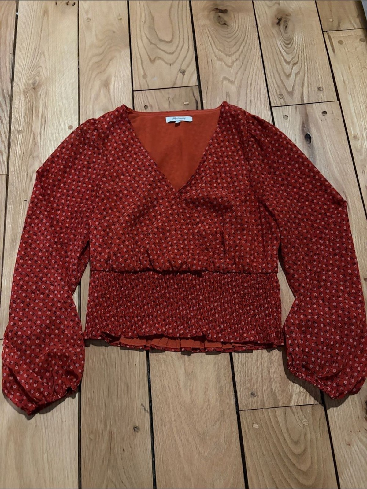Madewell Red Floral V-Neck Smocked Waist Long-Sleeve Top