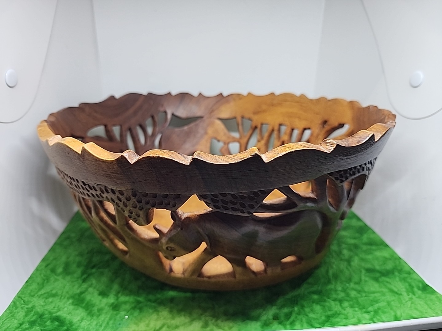 Hand Carved Wood African Safari Themed Bowl Elephant Rhinoceros Solid Teke 10\