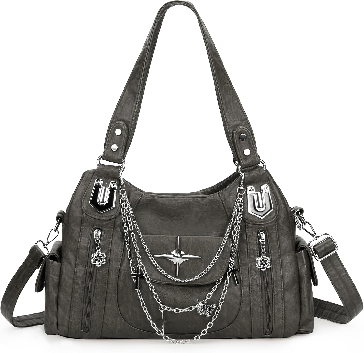 Vintage Y2K Hobo Bag Punk Tote Bag for Women Faux Leather Gothic Purse and Handb