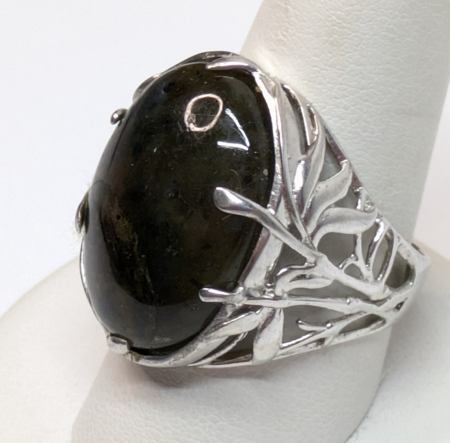 Openwork Sterling Silver 925 Prong Set Large Labradorite Cabochon Ring Sz 10