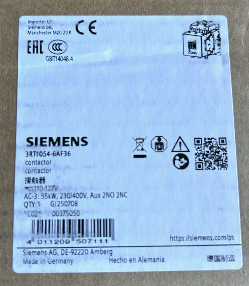 Siemens 3RT1054-6AF36 Power Contactor, 115A, 100HP, 110-127V Coil Siemens 3RT1054-6AF36 Power Contactor, 115A, 100HP, 110-127V Coil