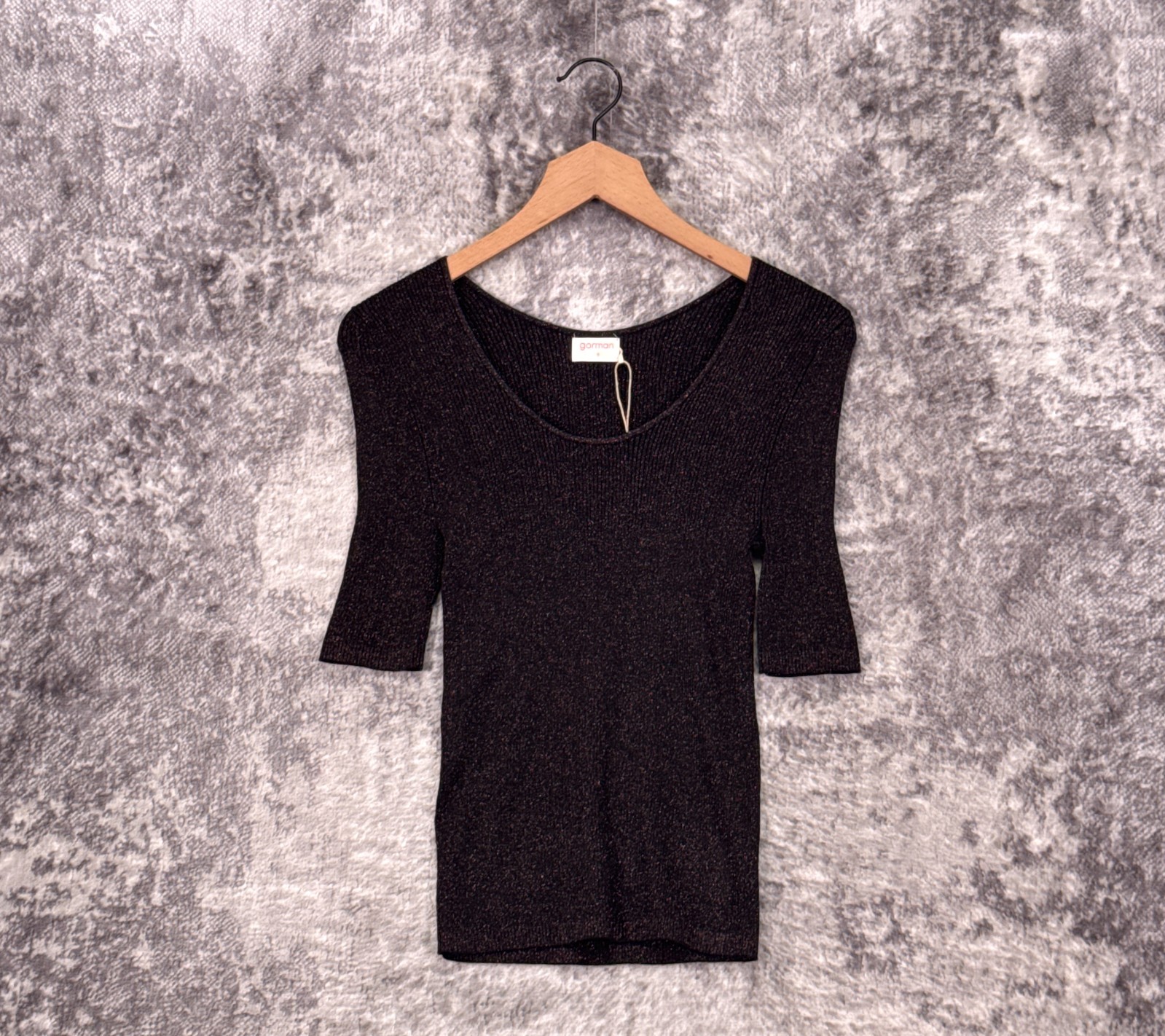 New Gorman Ballet Rib Knit Top 8 Womens Black Glitter Organic Cotton