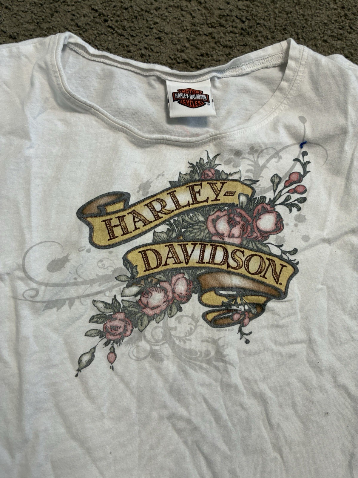 Vintage Harley-Davidson White Graphic T-Shirt with Floral Design, Floral Graphic