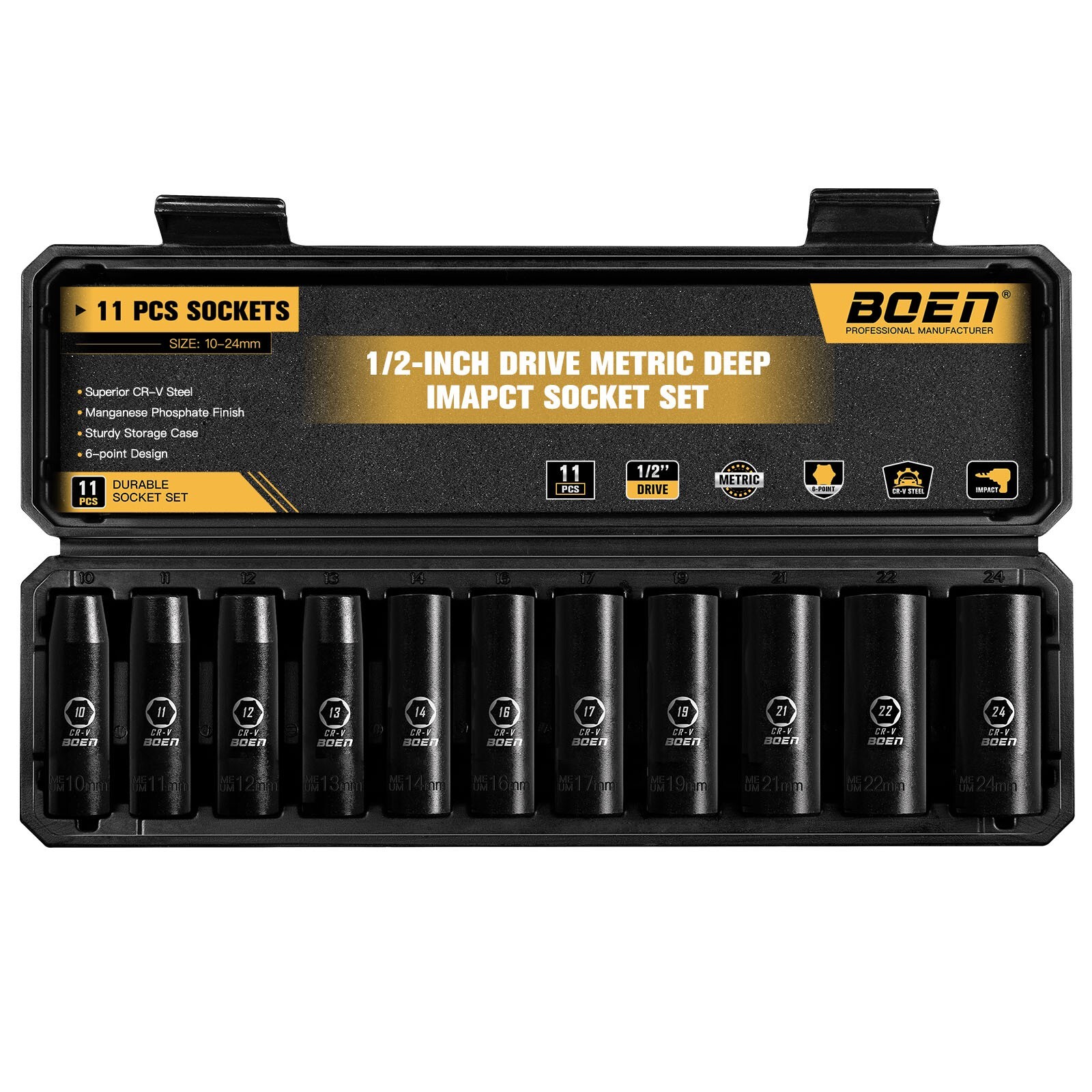 11 Pcs 1/2 Inch Drive Deep Impact Socket Set,Metric 10-24mm, 6 Point Cr-V Steel