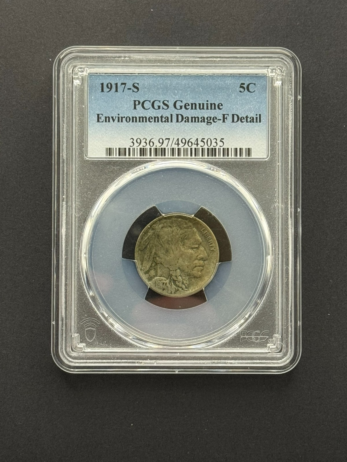 Semi Key Date 1917-S Buffalo Nickel--PCGS F Details--Environmental Damage