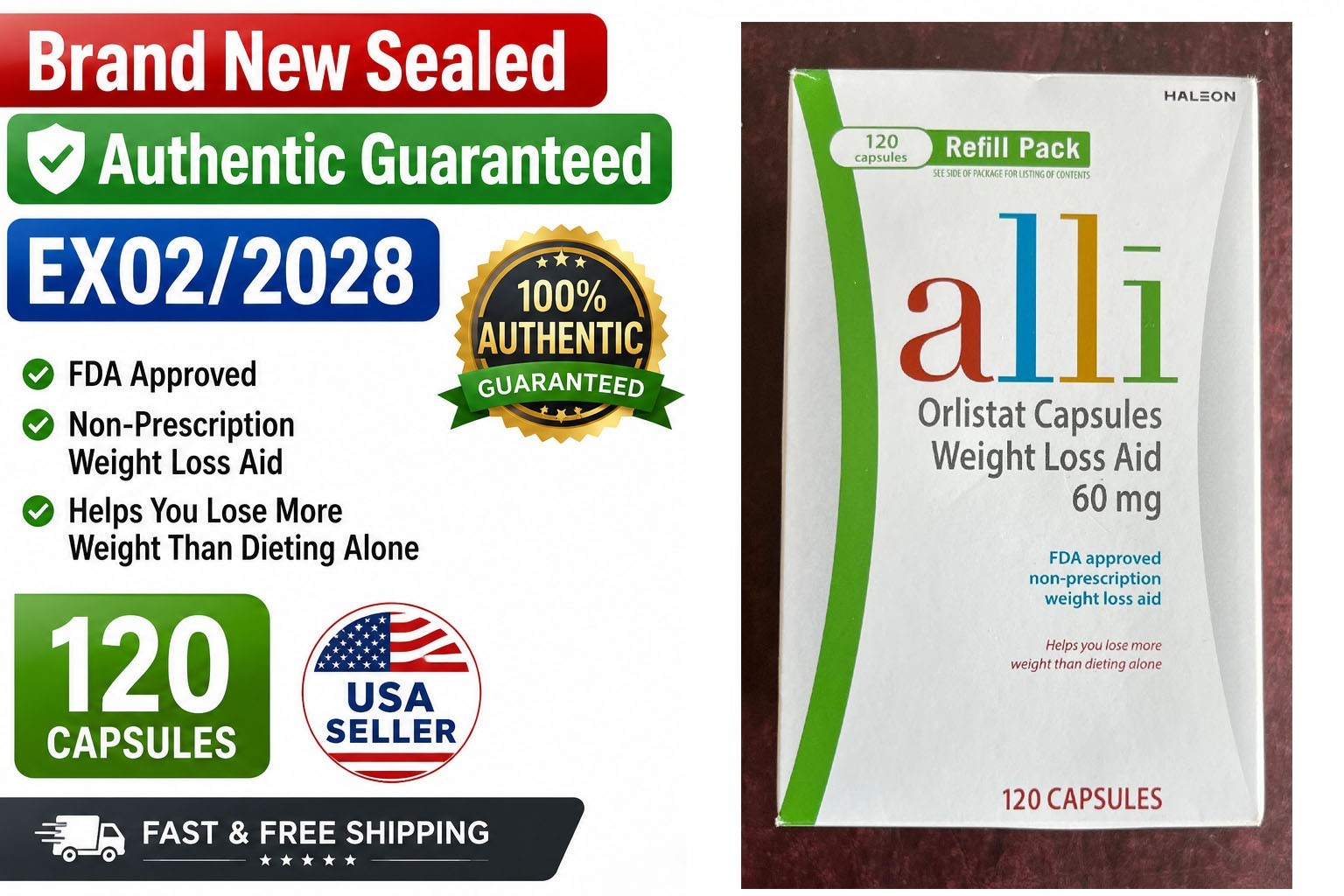 Alli Orlistat 60mg Weight Loss Aid 120 Capsules Refill Pack NEW Sealed Exp 02/20