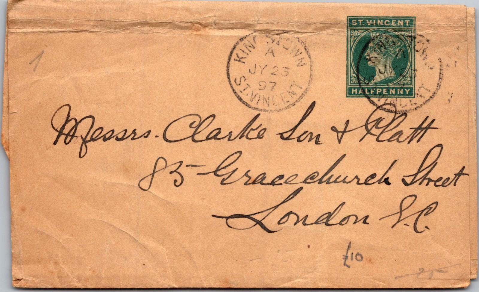 1897 Kingstown St Vincent Postal Stationary Stamp Cover To London England
