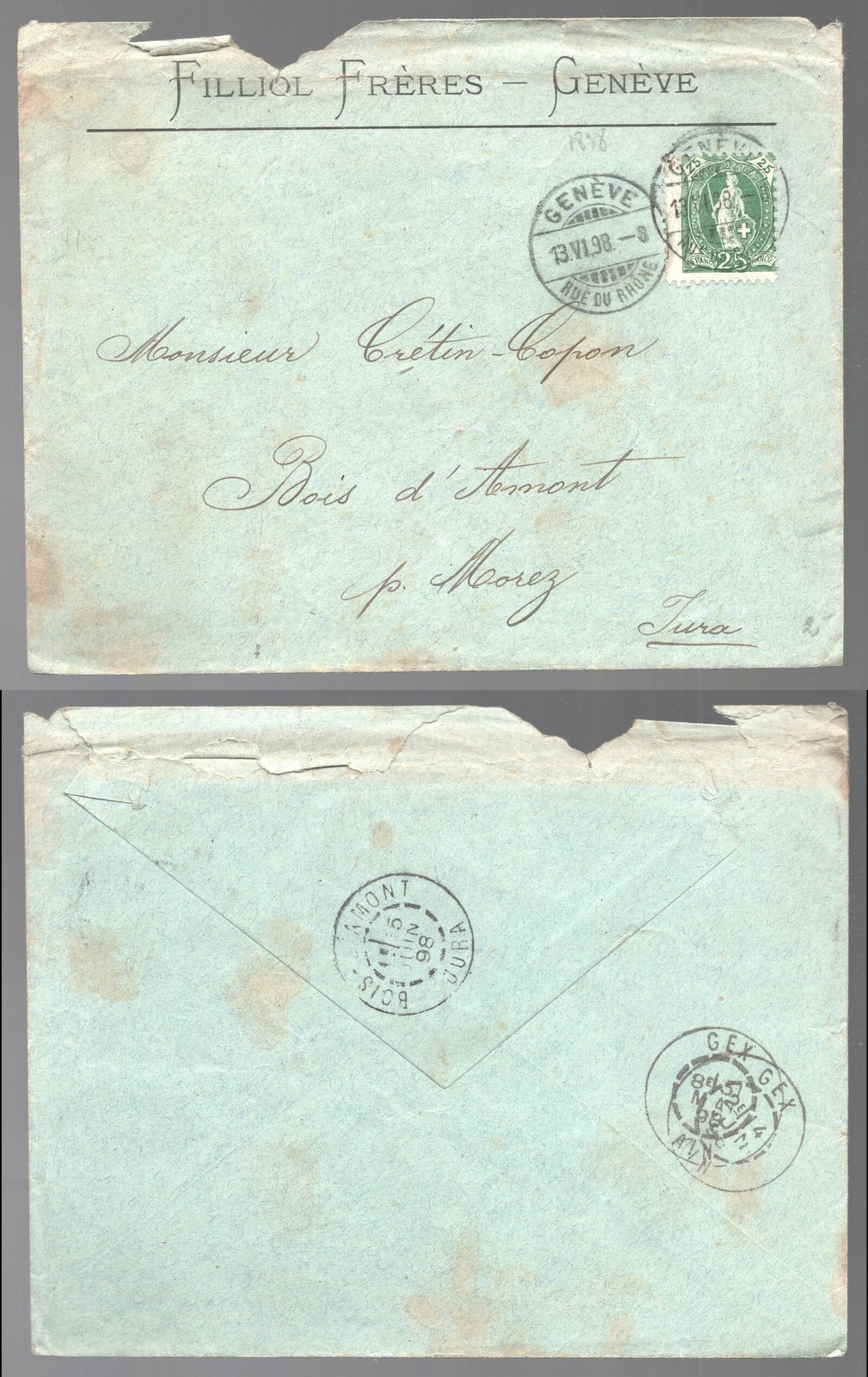 1898 Switzerland Geneva to Jura Cover 1898 Switzerland Geneva to Jura Cover