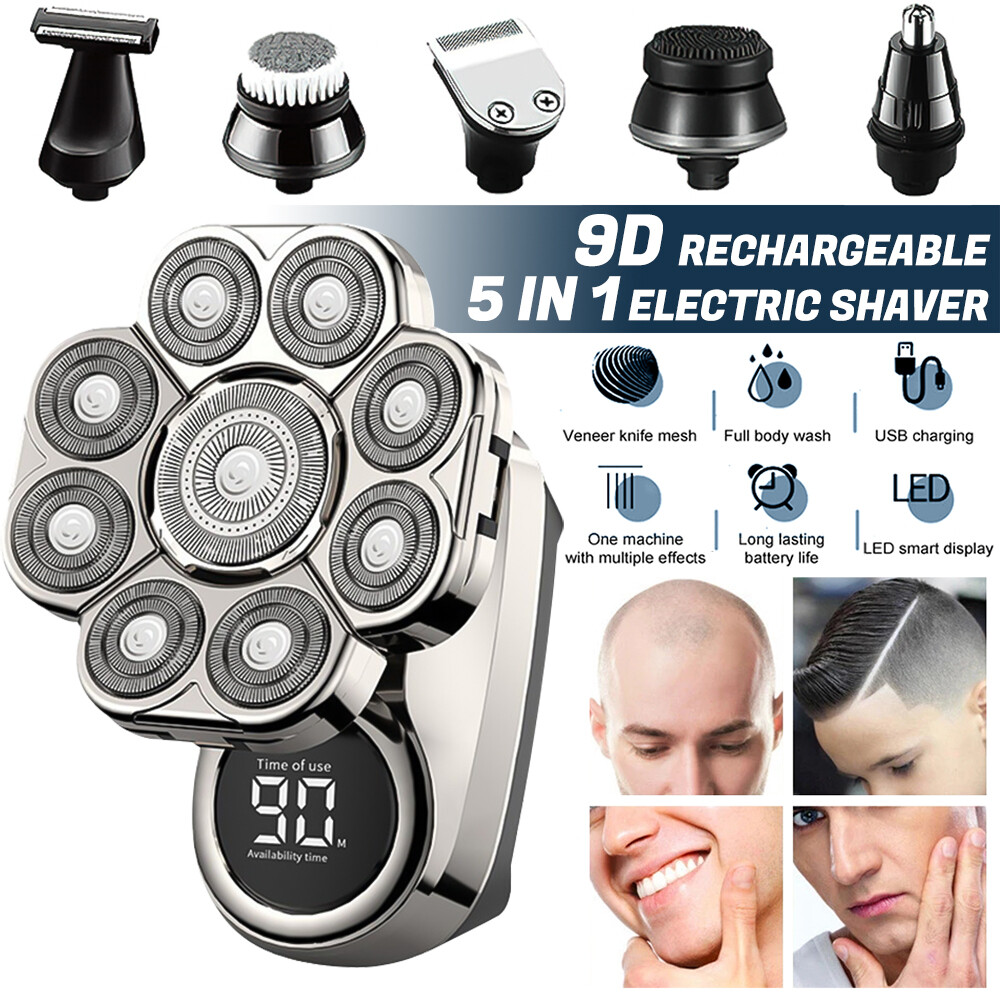 9D 5in1 Rotary Electric Shaver Cordless Men Hair Trimmer Bald Head Razor Wet Dry