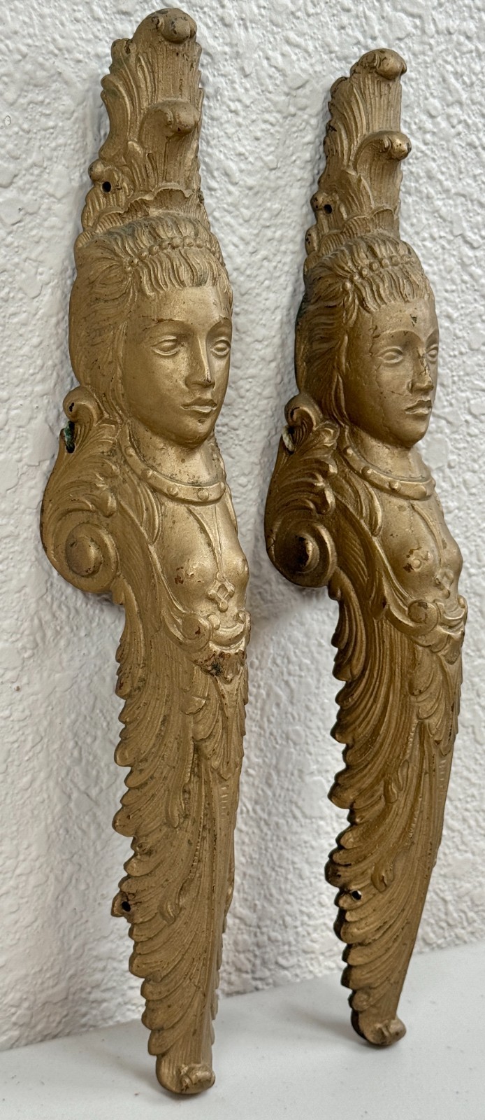 Antique Pair French Bronze Goddess Figures Furniture Applique Ornaments 19th C. Antique Pair French Bronze Goddess Figures Furniture Applique Ornaments 19th C.