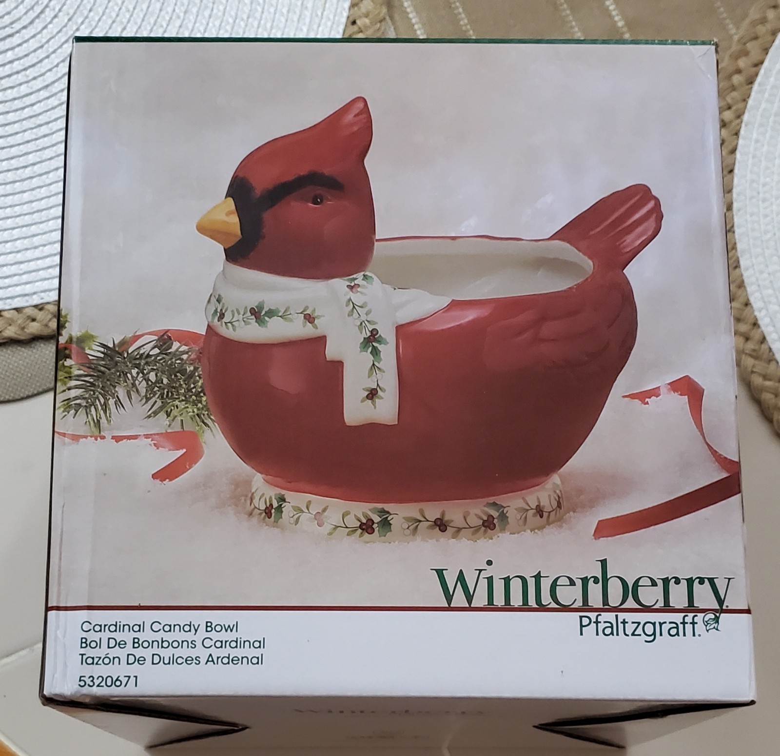 Pfaltzgraff Winterberry Cardinal Candy Bowl Figural Holly Red Bird Scarf F/S