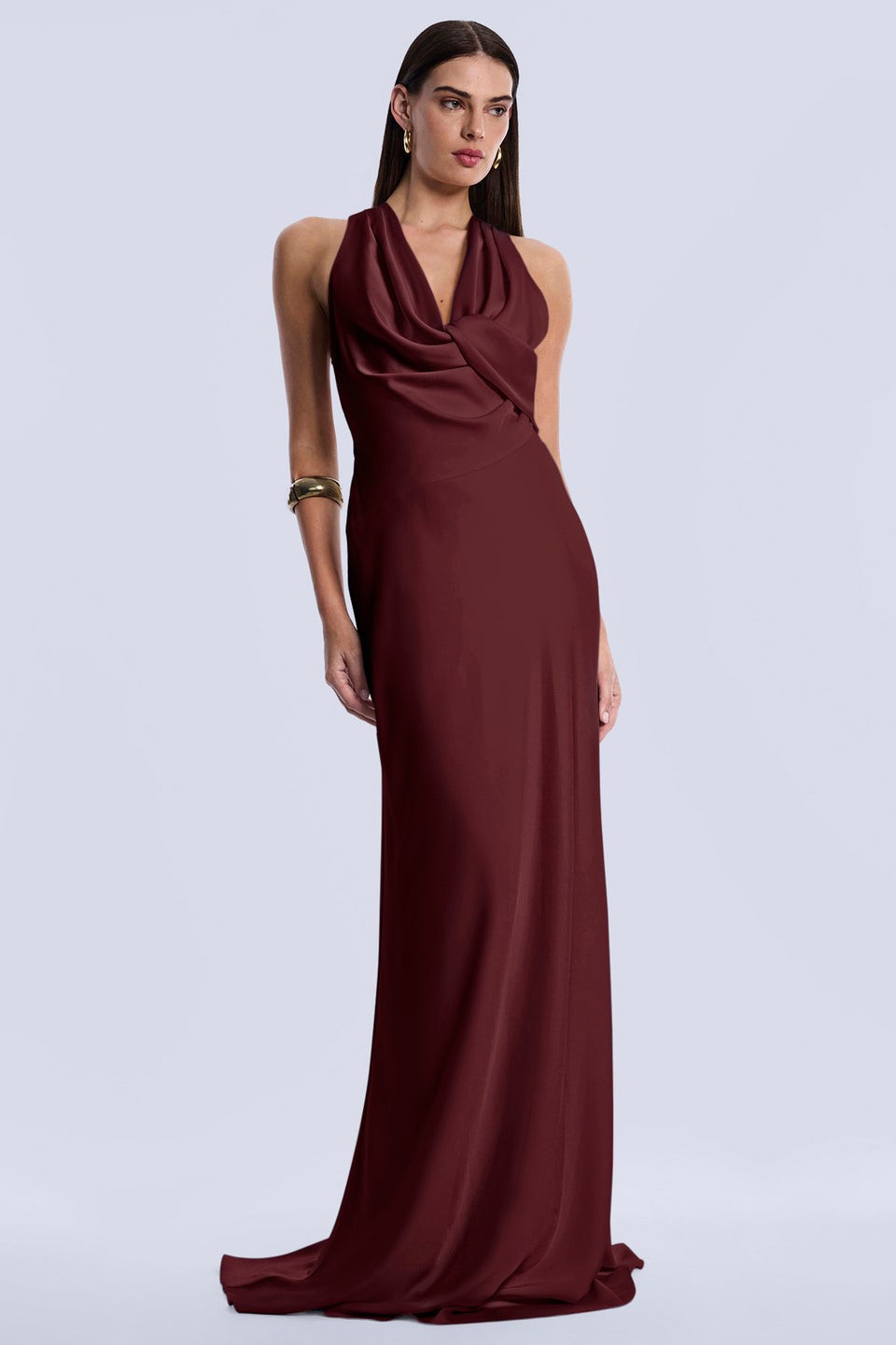 BCBGMAXAZRIA Demi Gown 14 Port Burgundy Satin Draped Twist Floor Length NWT $398