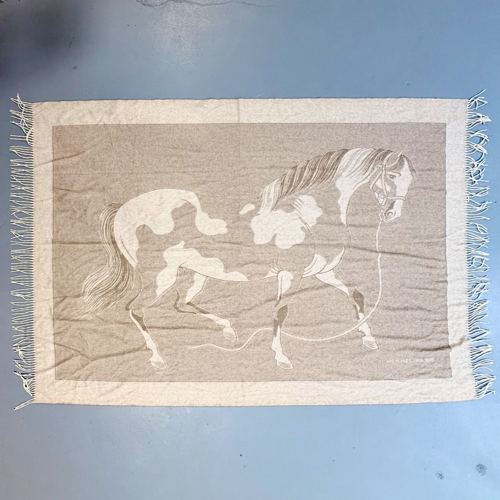 RARE HERMÈS  Plaid à Frang Cheval blanket 100% Cashmere Equestrian Horse Themed