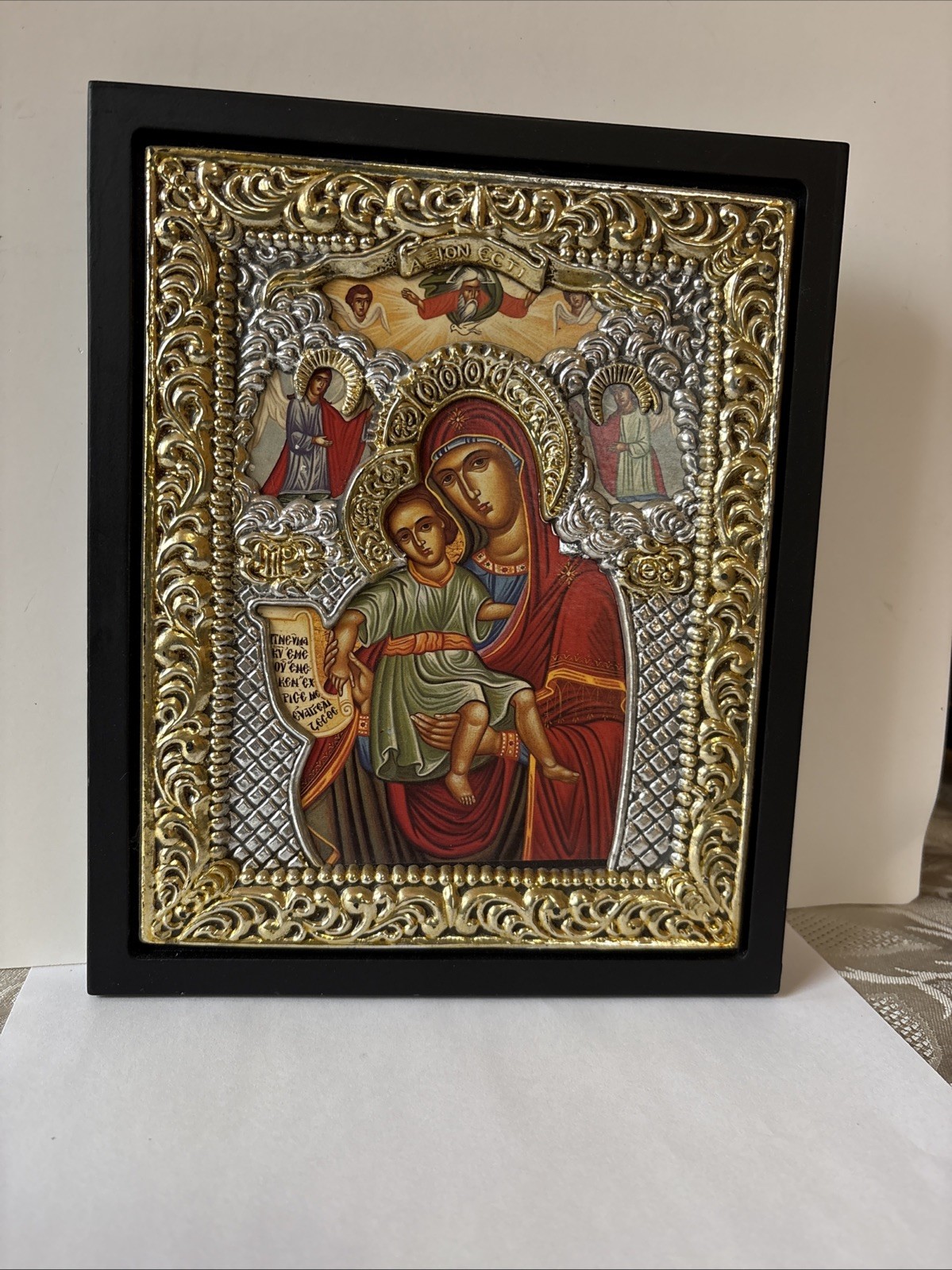 Vintage Religious Icon MARY & BABY JESUS Silver Gold Trim 6 x 7.5” Blessed Vintage Religious Icon MARY & BABY JESUS Silver Gold Trim 6 x 7.5” Blessed