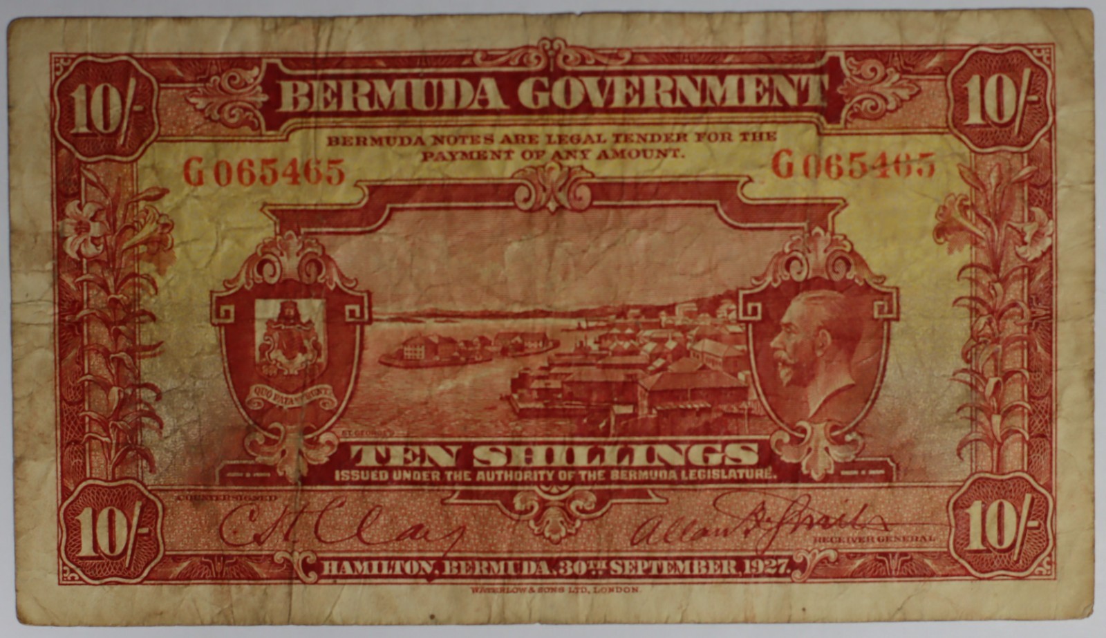 Bermuda 10 Shillings 1927, P#4, King George, VF, Scarce